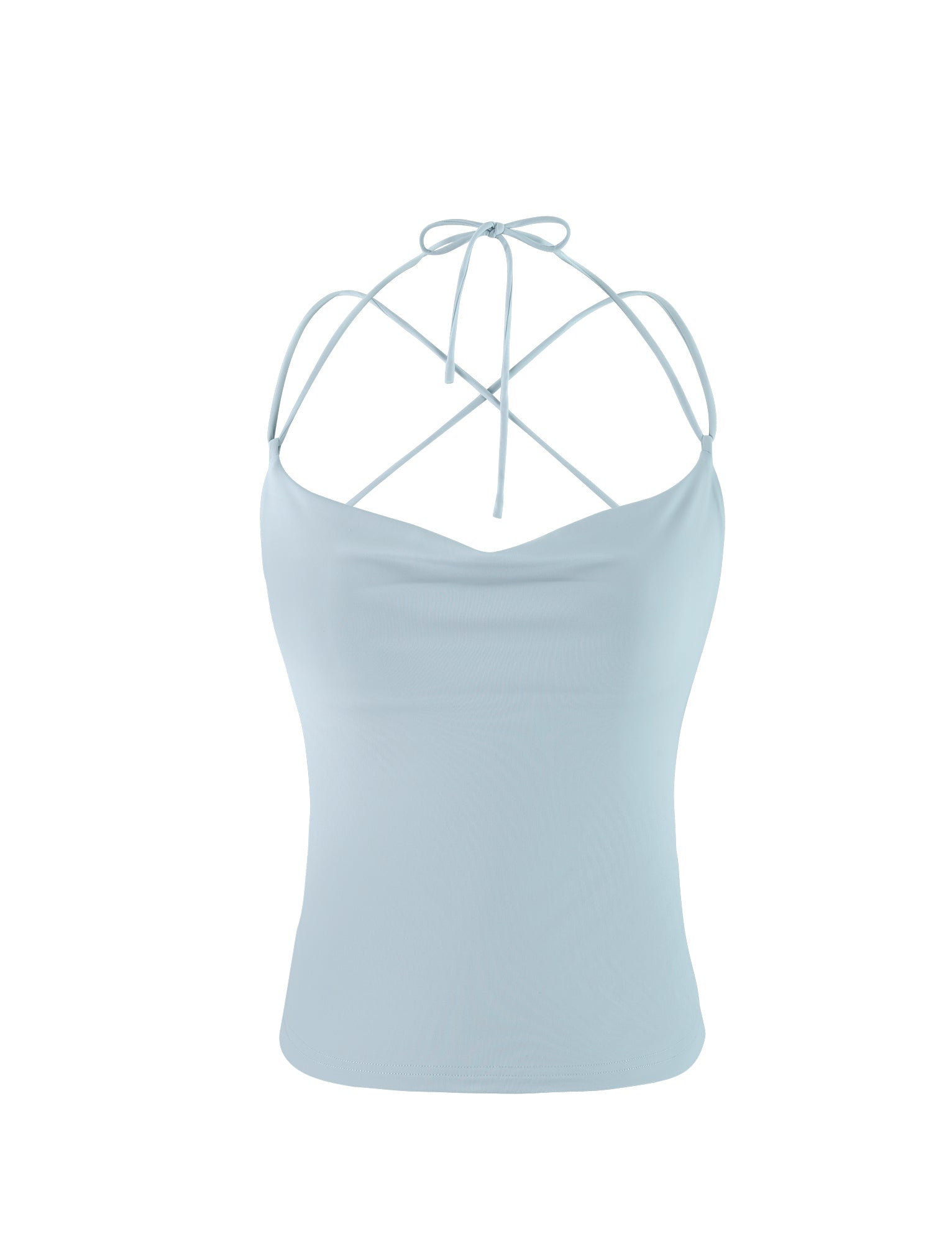 The TIGERMIST ZAIDA TOP in pastel blue features thin spaghetti straps that crisscross at the back and tie at the neck. With a soft, draped neckline and a fitted silhouette, this light blue sleeveless camisole is crafted from smooth and stretchy fabric for ultimate comfort.