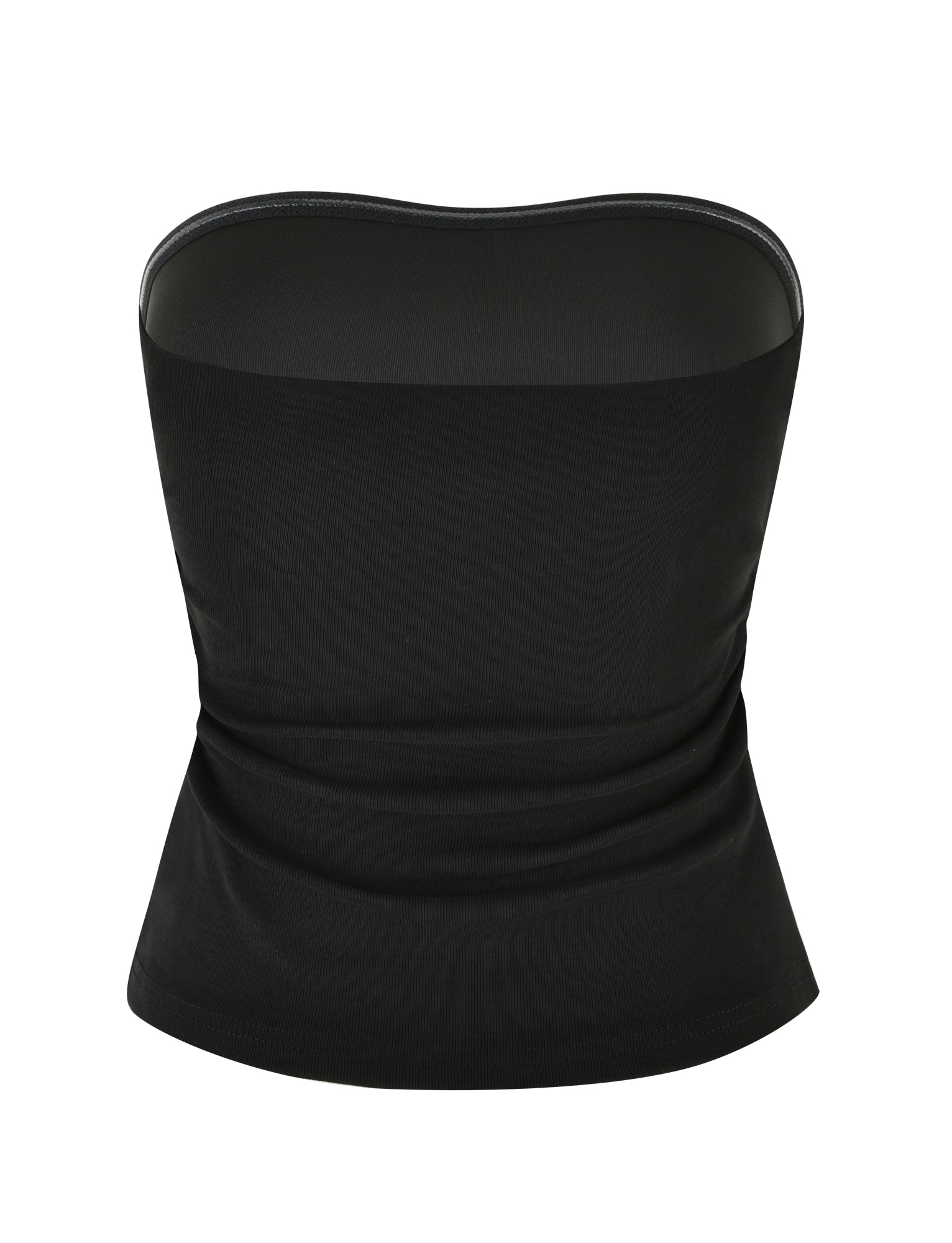 A sleek and fitted black strapless tube top featuring a bodycon silhouette that extends to the waist, making it versatile for various outfits. This stylish piece, known as the HARRIETT RIB TUBE TOP - BLACK by TIGERMIST, showcases a simple yet sophisticated front view in the image provided.
