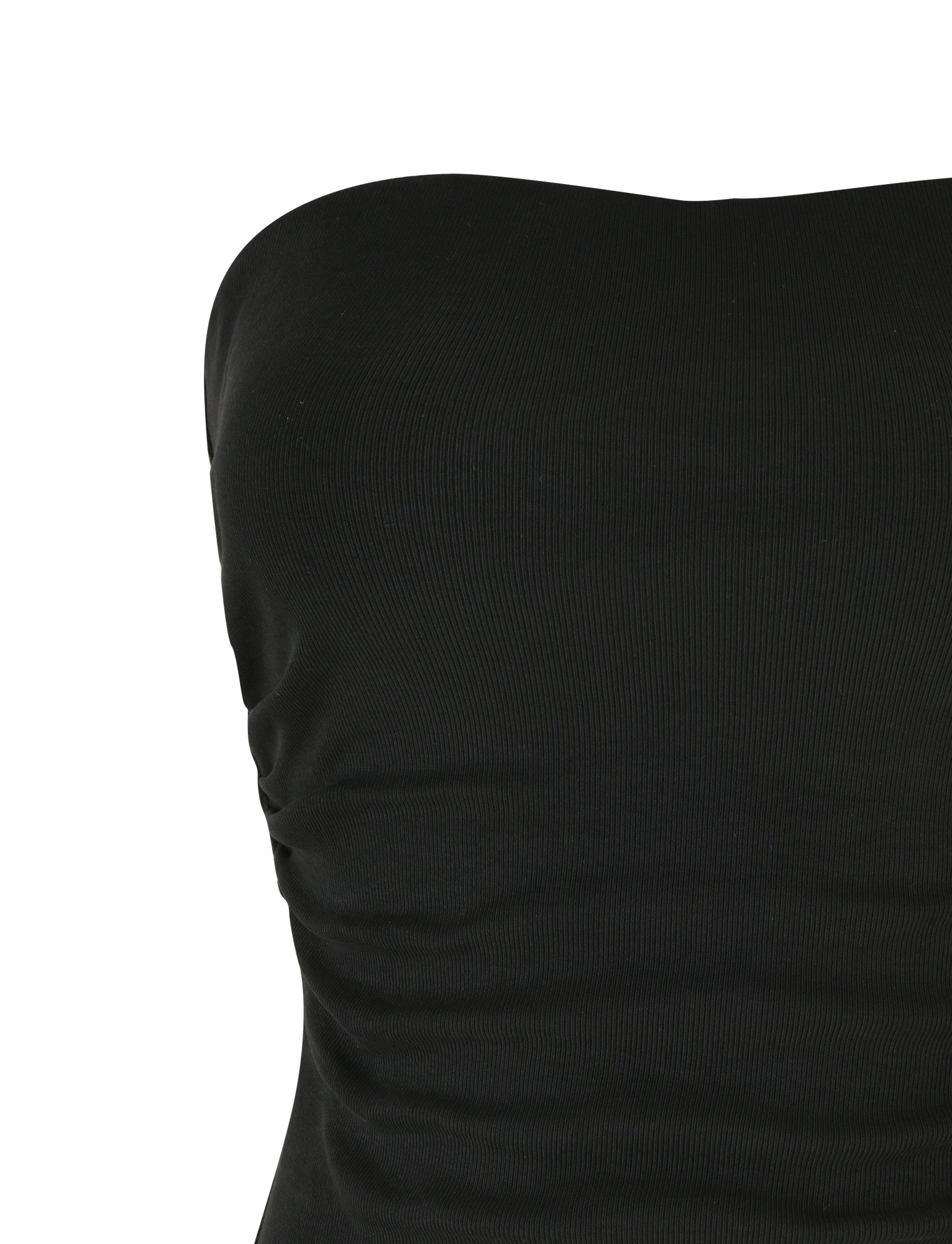 A close-up image of the HARRIETT RIB TUBE TOP - BLACK by TIGERMIST with subtle ruching on the side, showcasing the upper torso. The fabric appears slightly ribbed, adding texture to the sleek bodycon silhouette.