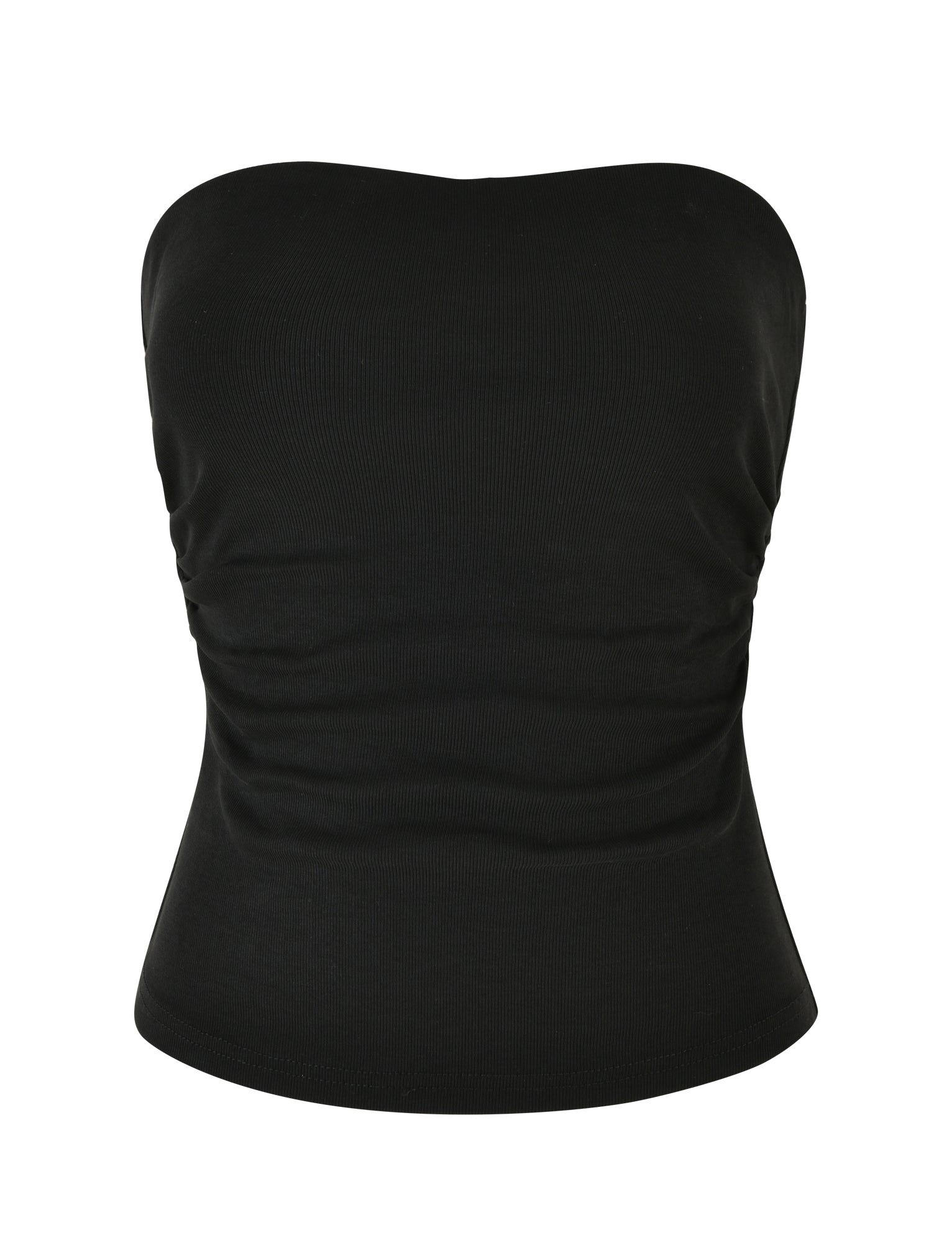 Black, HARRIETT RIB TUBE TOP by TIGERMIST, with a fitted bodycon silhouette, featuring subtle ruching on the sides for added texture and style. The fabric is stretchy and form-fitting, designed to hug the body's contours.