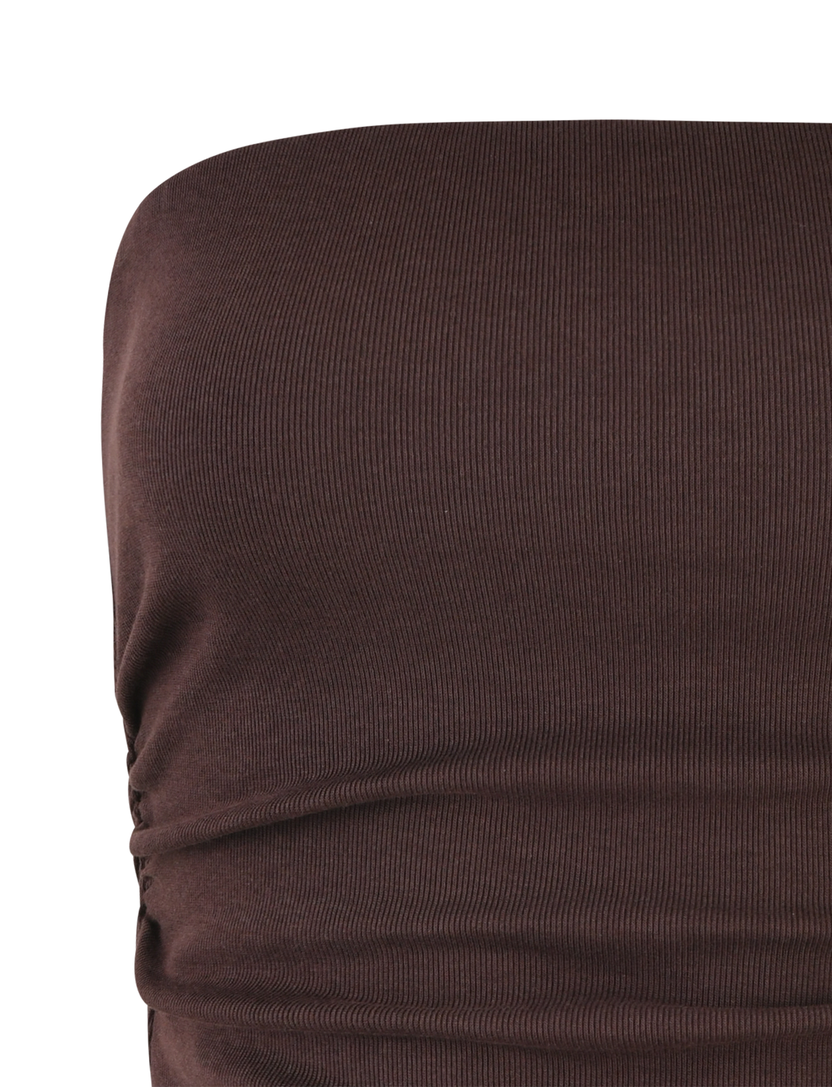 Close-up of the TIGERMIST HARRIETT RIB TOP in Chocolate Brown, featuring fitted, ribbed jersey with gathered side details. The smooth, stretchy material highlights a bodycon silhouette ideal for a sleek look.