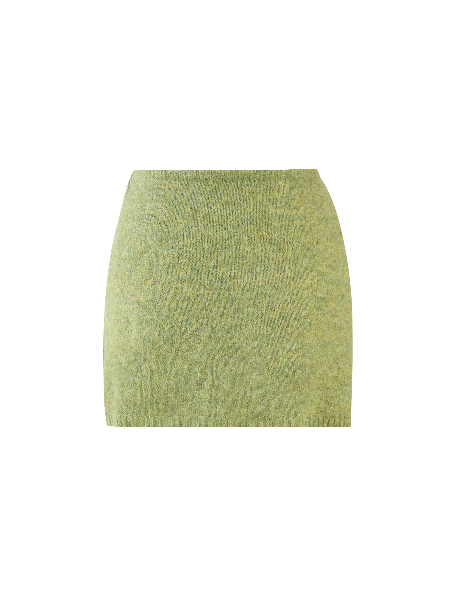 The LYRICA MINI SKIRT - GREEN by TIGERMIST is showcased against a plain white background. The fabric seems soft and textured, featuring a subtle heathered effect. The skirt follows a simple, form-fitting design without any visible additional features or embellishments.
