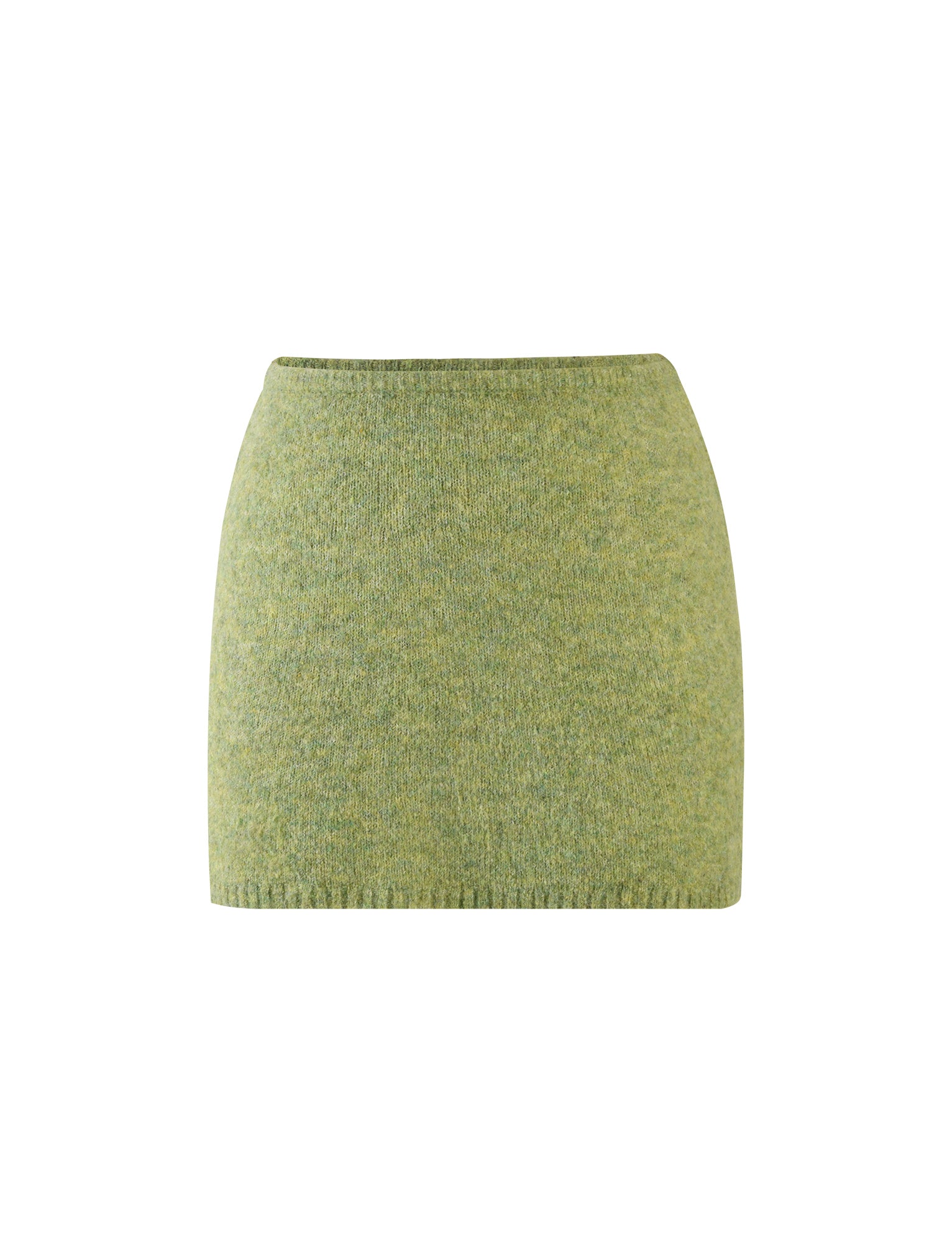The LYRICA MINI SKIRT - GREEN from TIGERMIST is a green woolen mini skirt featuring a textured, slightly speckled pattern. It sports a minimalist design with no visible seams or embellishments and appears to be form-fitting with a straight hemline.