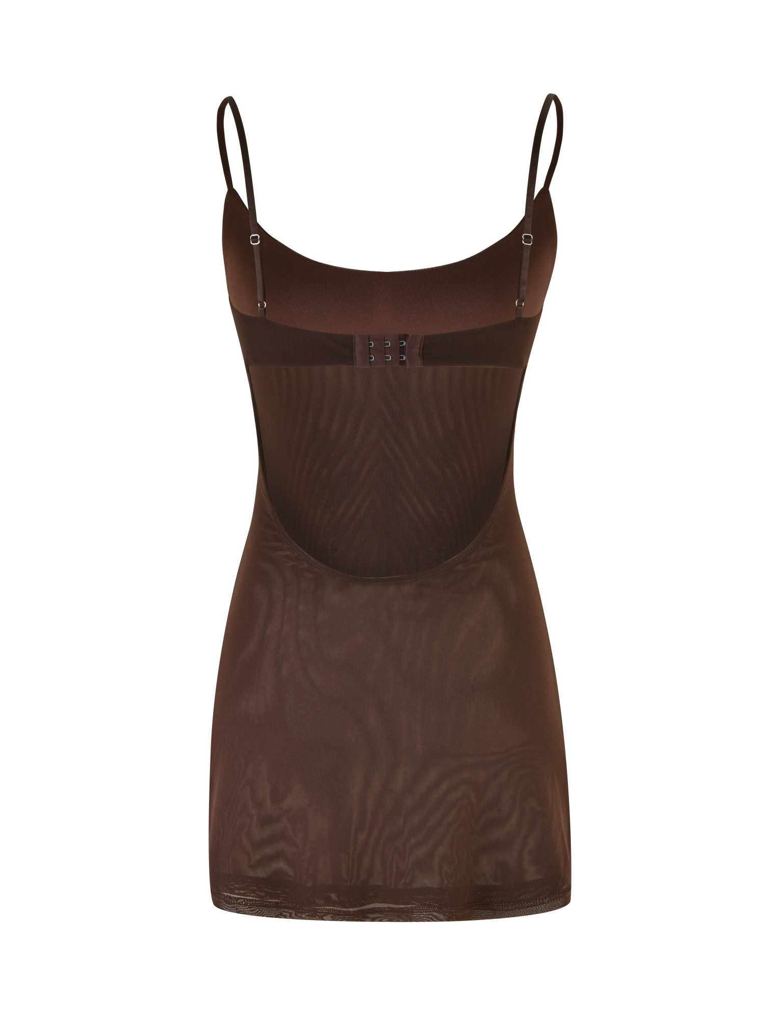 The TIGERMIST OCTAVIA MINI DRESS - BROWN : CHOCOLATE features adjustable spaghetti straps and an open back with hook-and-eye closures, shown against a white background.