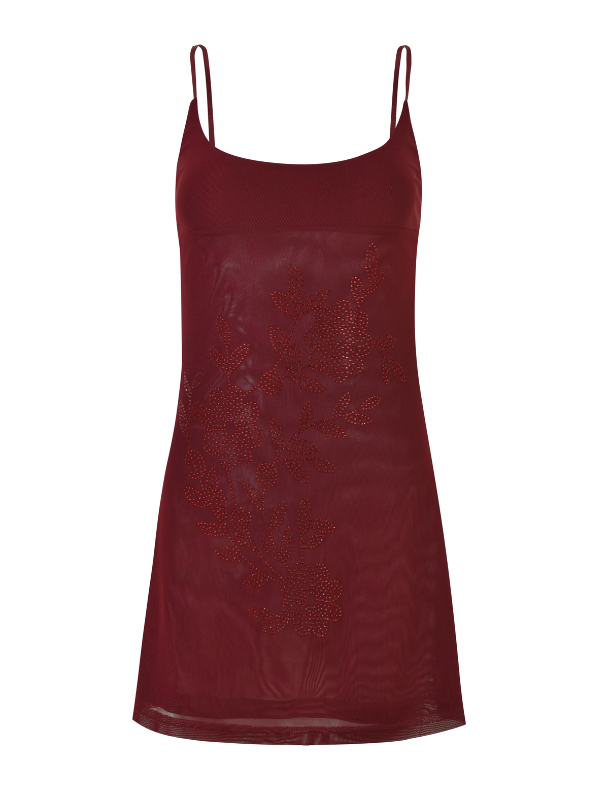 The OCTAVIA DRESS - PURPLE : WINE by TIGERMIST is a sleeveless, sheer burgundy slip dress featuring thin spaghetti straps, an A-line silhouette, and a delicate floral embellishment on the front.