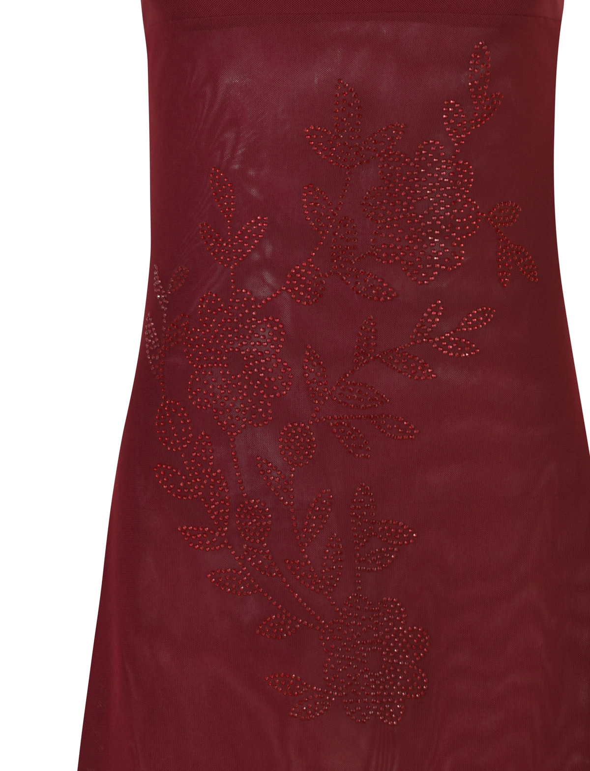 A close-up of the TIGERMIST OCTAVIA DRESS in Purple : Wine, showcasing its sheer burgundy fabric with embroidered floral accents made from small, shiny dots.
