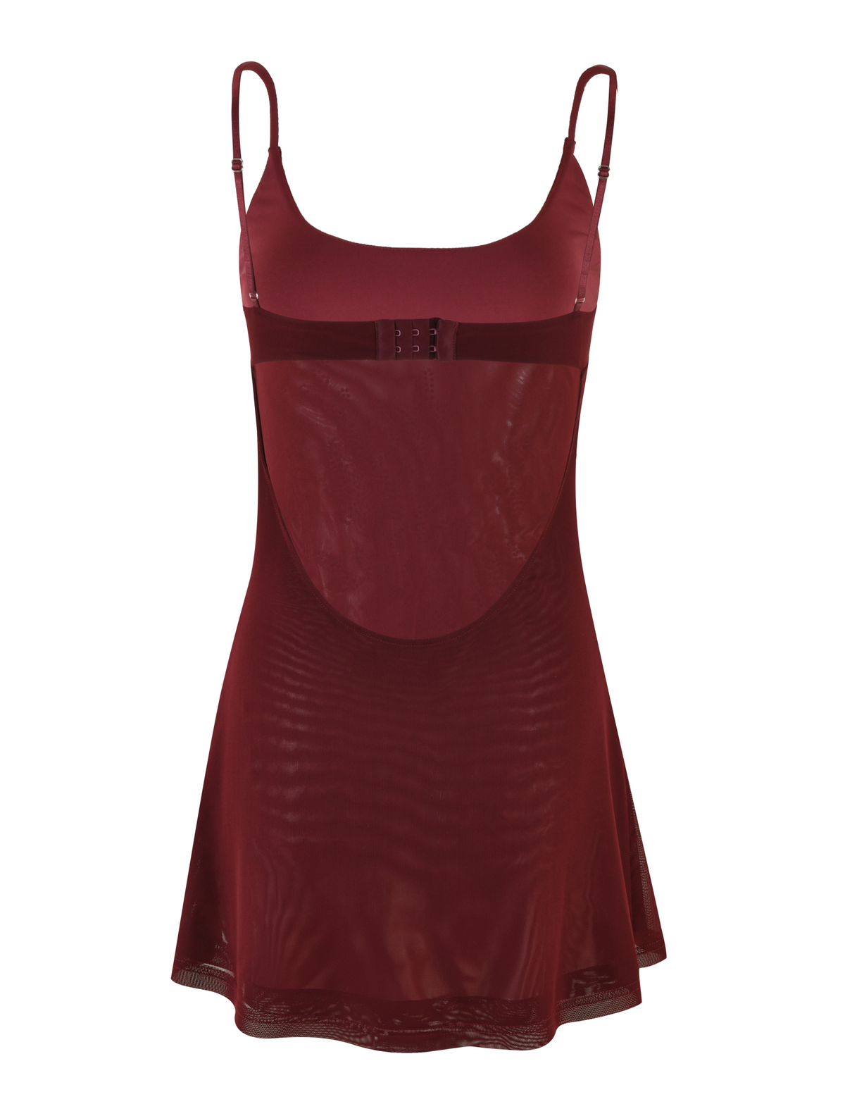The TIGERMIST OCTAVIA DRESS - PURPLE : WINE is a sheer burgundy lingerie dress with adjustable straps, a bra-style back clasp, and floral embellishments, shown on a white background.