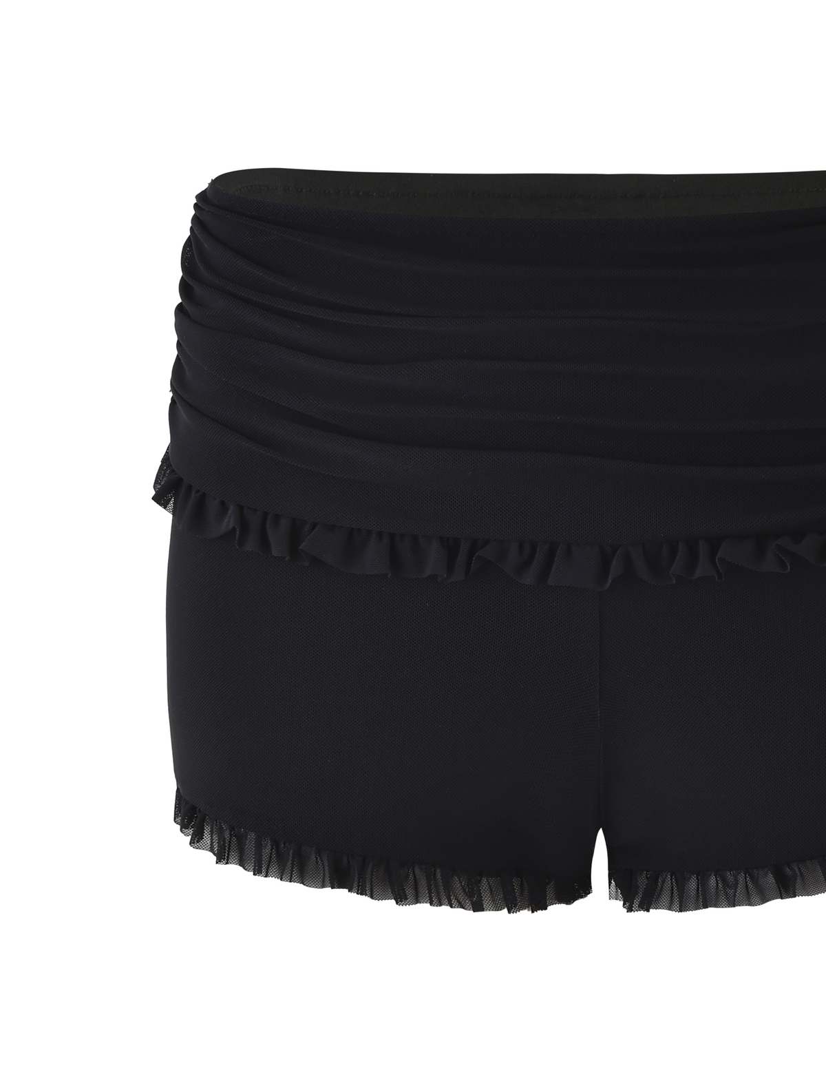 The TIGERMIST GINNY SHORT in black features a ruched waistband and subtle ruffle details at the hem and waistband, shown on a plain white background.