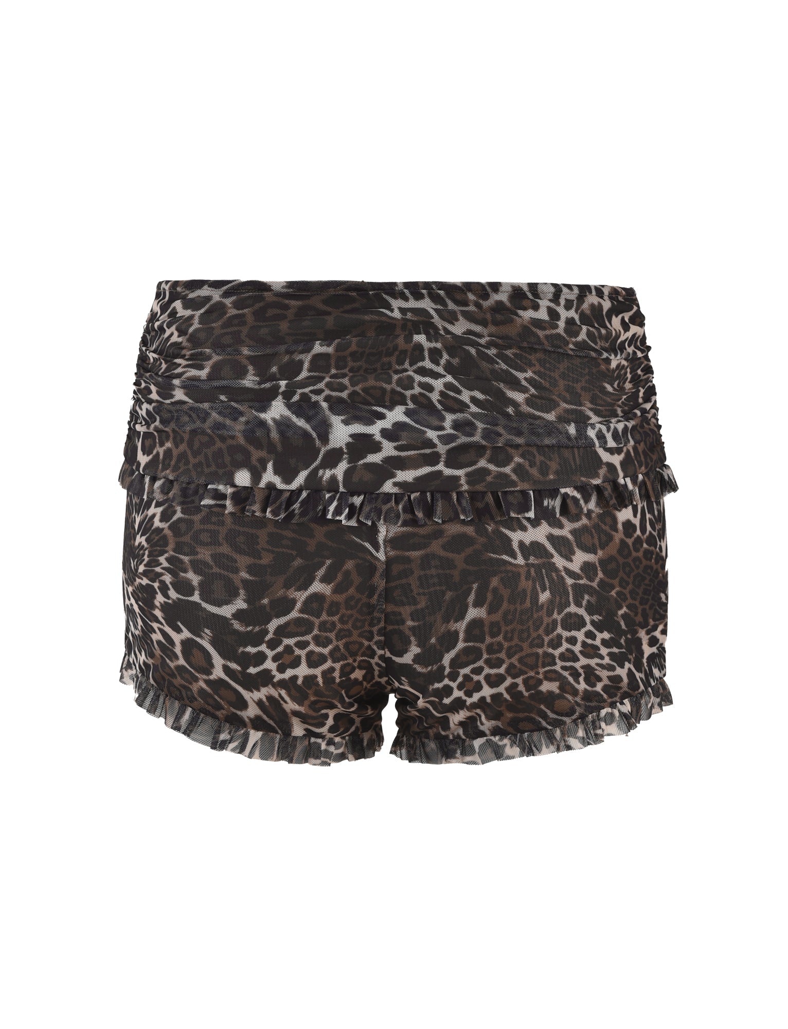 The GINNY SHORT - NEUTRAL : LEOPARD by TIGERMIST highlights a bodycon silhouette with ruched detailing and ruffled hems, featuring a lightweight and stretchy fabric that offers both boldness and comfort. Set against a plain white background, these shorts effortlessly stand out.