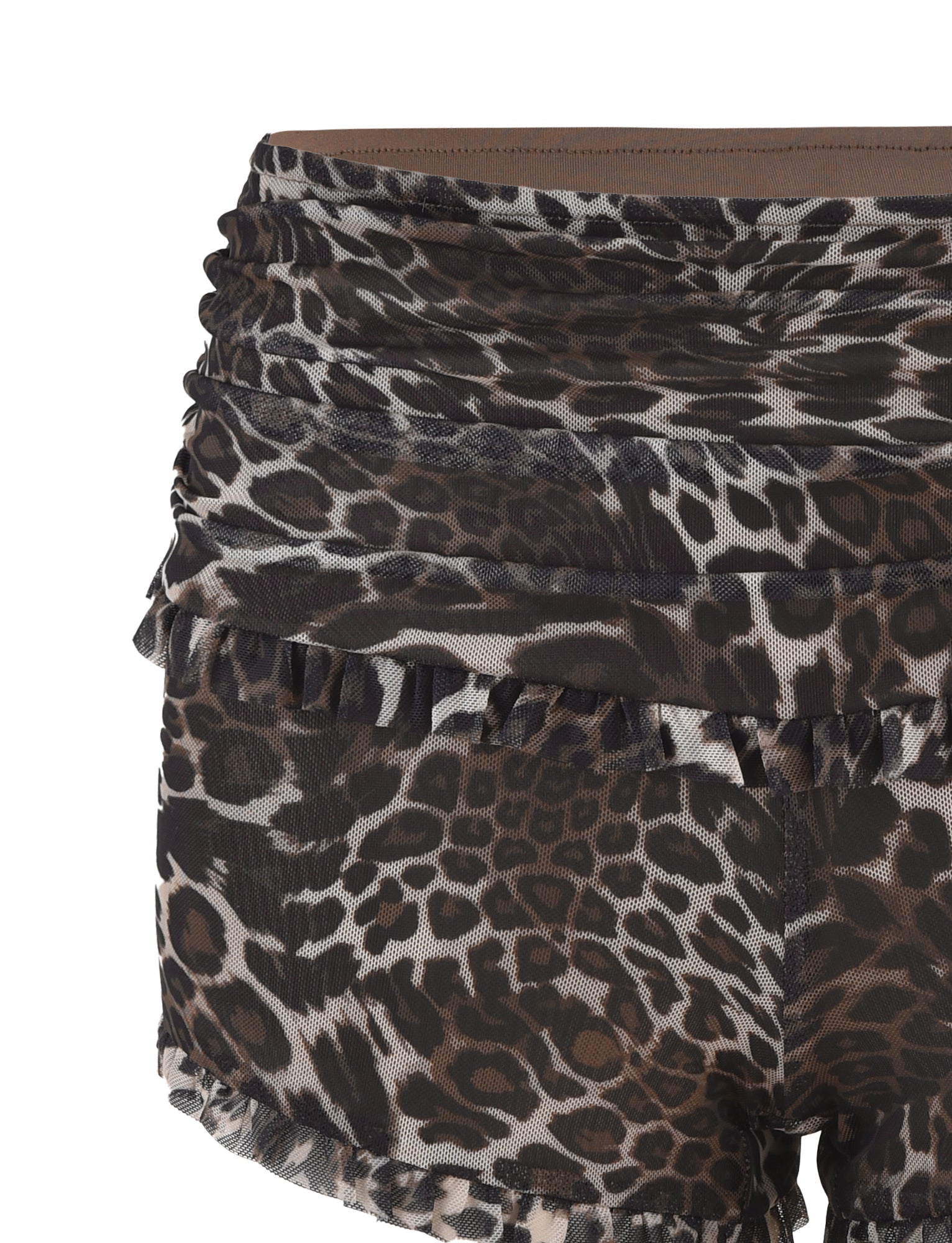 The GINNY SHORT - NEUTRAL : LEOPARD by TIGERMIST features a leopard print design with ruffle details along the waistband and hem, crafted from sheer fabric in shades of black, brown, and beige.