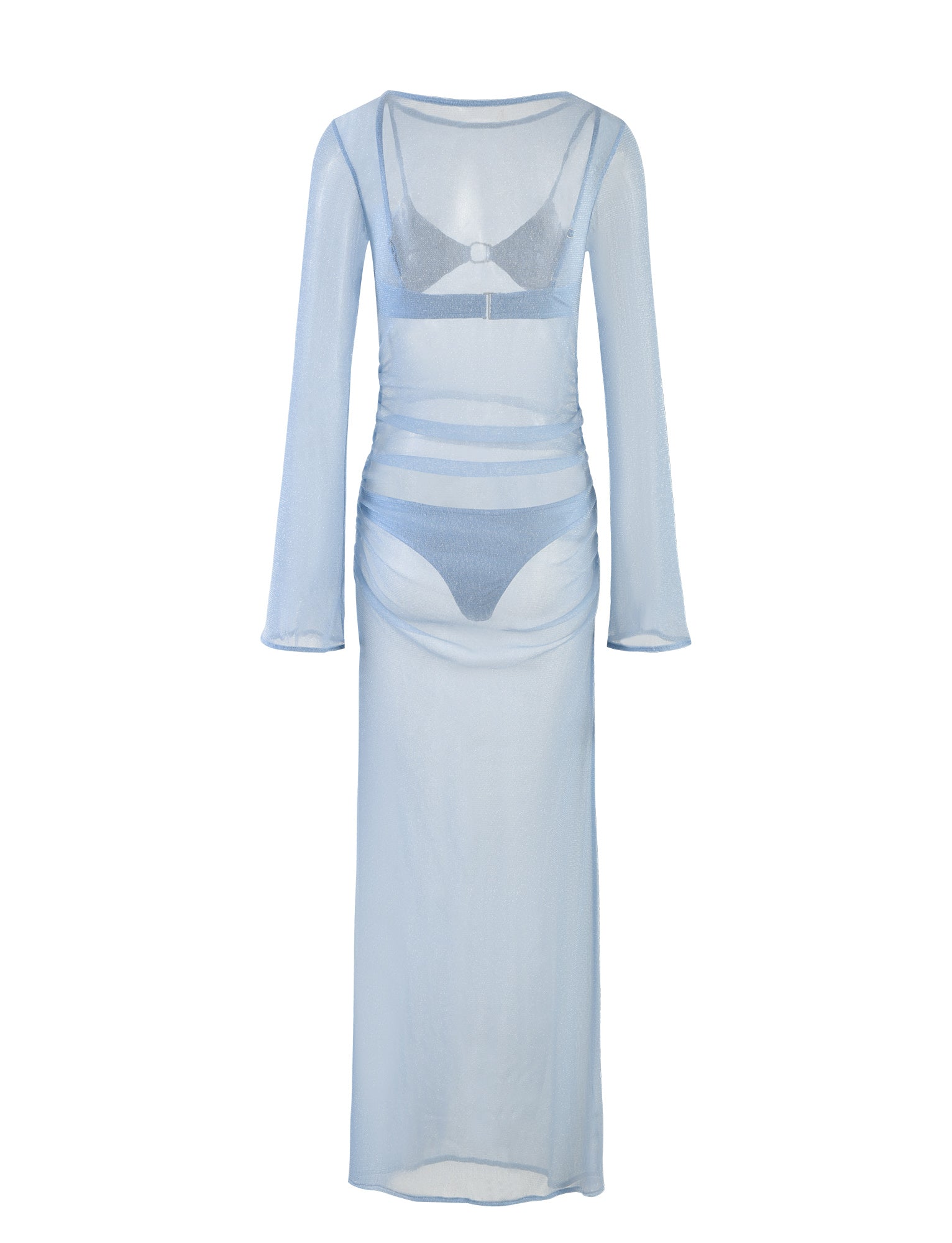 The ALAYNA THREE PIECE MAXI DRESS - BLUE from TIGERMIST, featuring a pale blue sheer, long-sleeved maxi dress with a crew neckline, is displayed over a matching bra and high-waisted underwear set. The outfit is layered to showcase a stylish and transparent look.