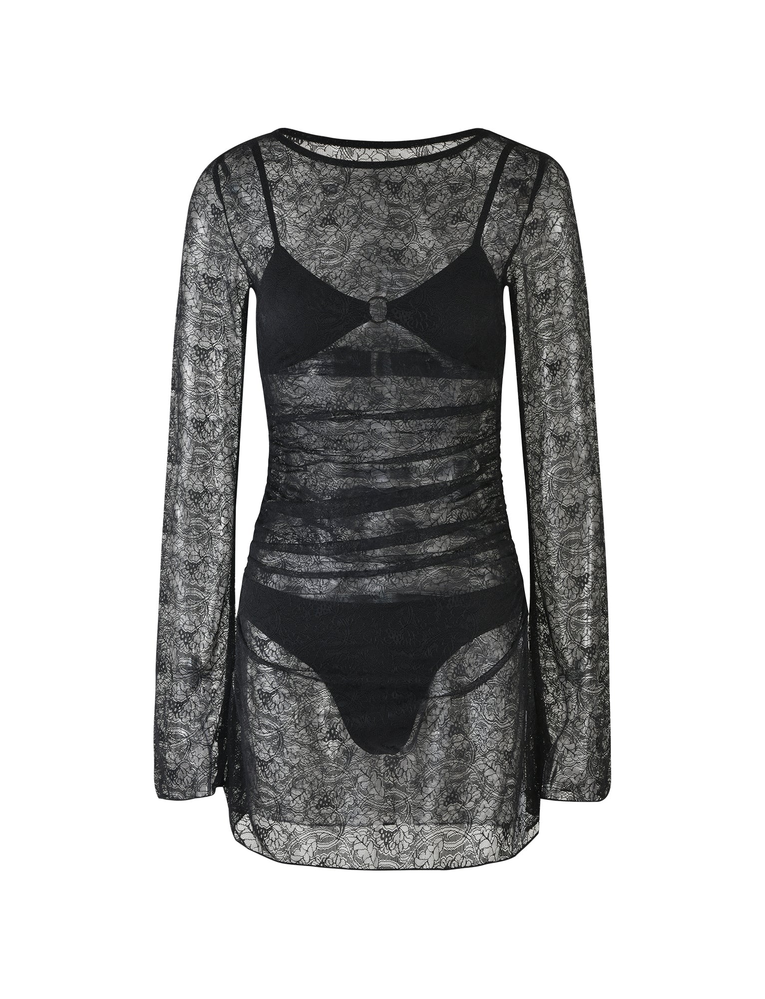 The ALAYNA THREE PIECE MINI DRESS from TIGERMIST is a black, sheer lace dress featuring long sleeves and a mesh-like texture. The slim-fit, short-length dress reveals a black strappy bralette and high-waisted underwear beneath the intricate lace fabric.