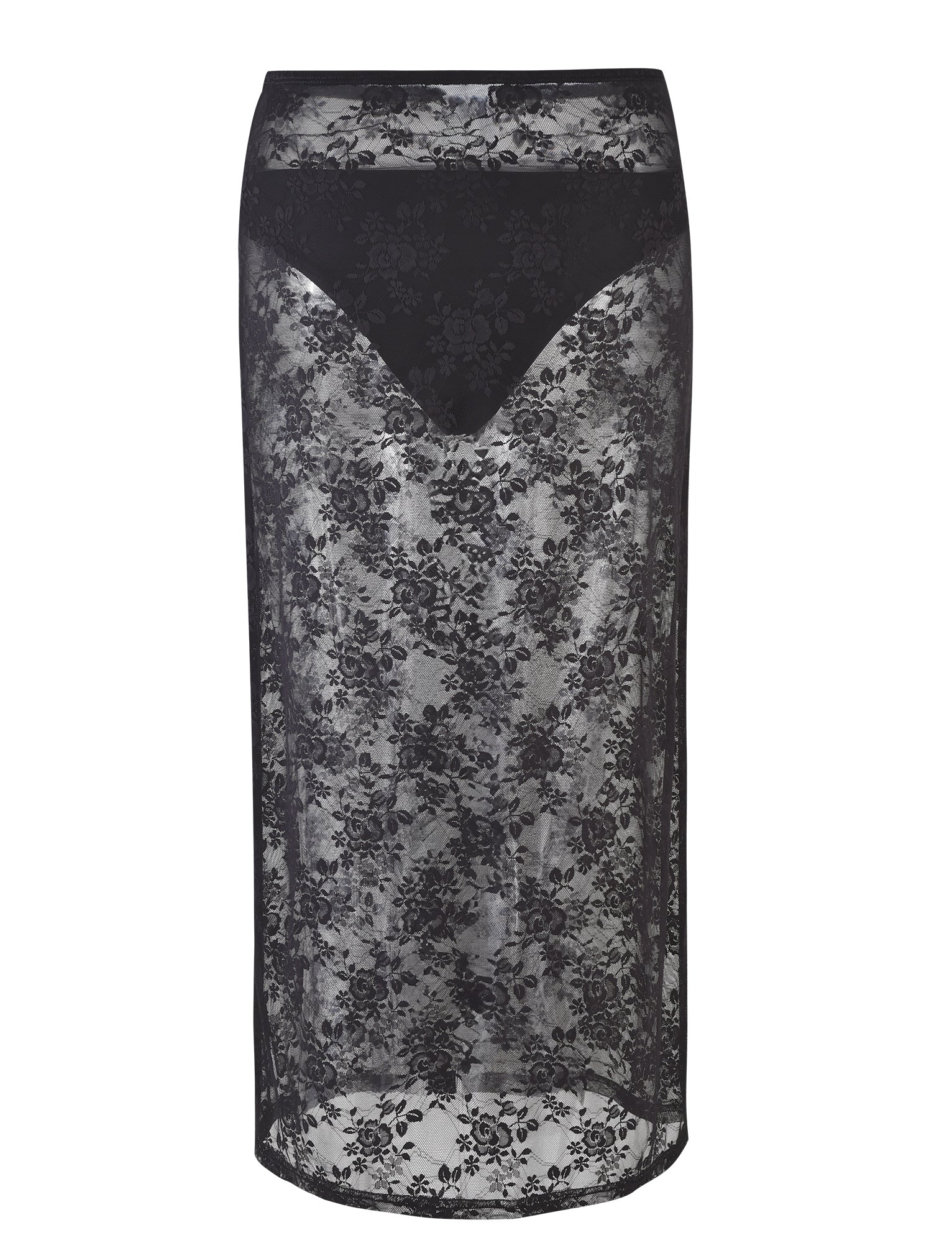 This image showcases the stunning TIGERMIST MIRABEL SKIRT in black lace. It features a sheer floral pattern with a partial lining—a black underlay that covers the hips and upper thighs—creating an alluring V-shaped cutout effect on the front.