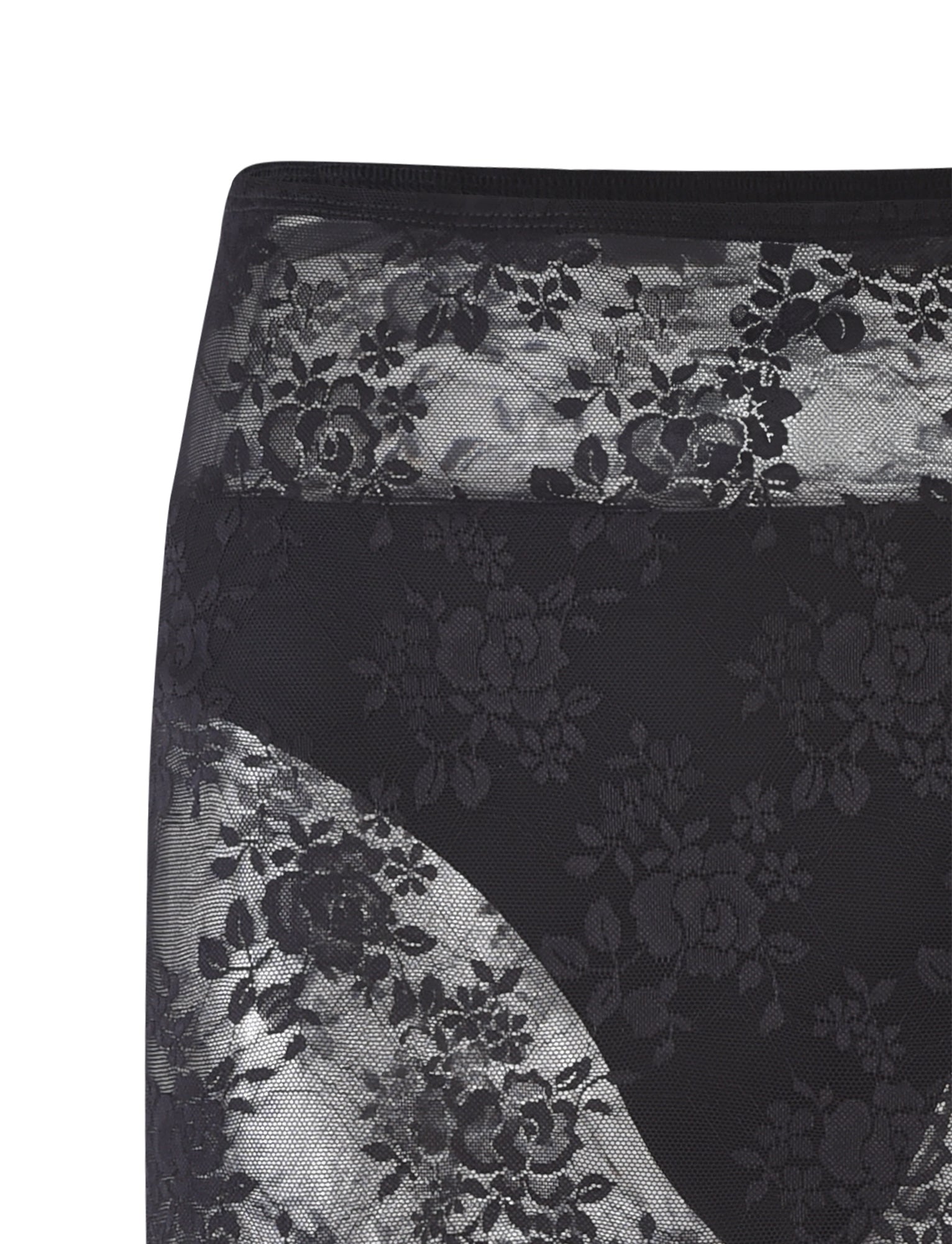 Close-up of the MIRABEL SKIRT - BLACK from TIGERMIST featuring black lace with a floral pattern. The image showcases elaborate flower designs intricately woven through the lace, creating an elegant and delicate texture. The sheer background of the fabric highlights the floral arrangements beautifully.