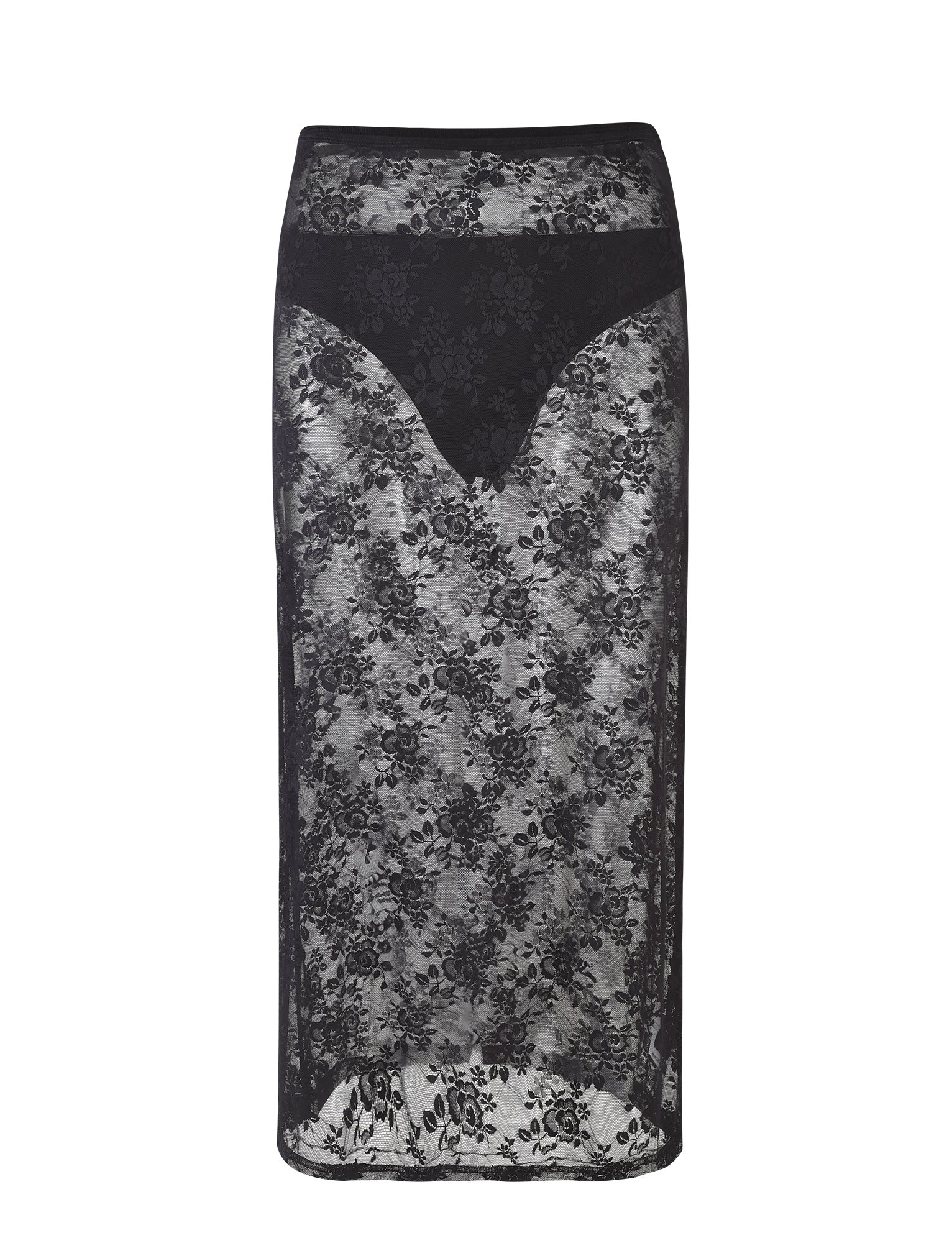 The MIRABEL SKIRT - BLACK from TIGERMIST is a high-waisted lace pencil skirt that boasts a sheer floral pattern overlay. It features a solid black waistband and an eye-catching inner lining in a V-shape that tapers towards the hem, with an elegant hemline falling just below the knee.