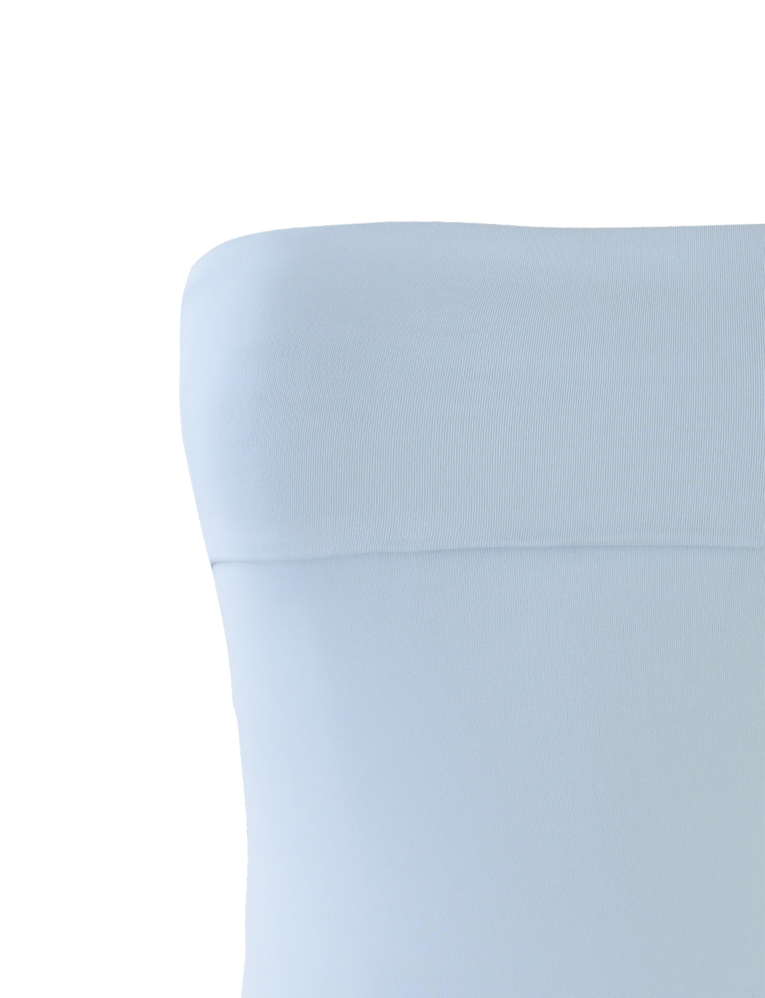 Close-up of a DARIELLE MINI DRESS - BLUE : DUSTY BLUE from TIGERMIST against a white background, highlighting the strapless upper part just above the chest. The slightly textured and smooth fabric is prominently featured.