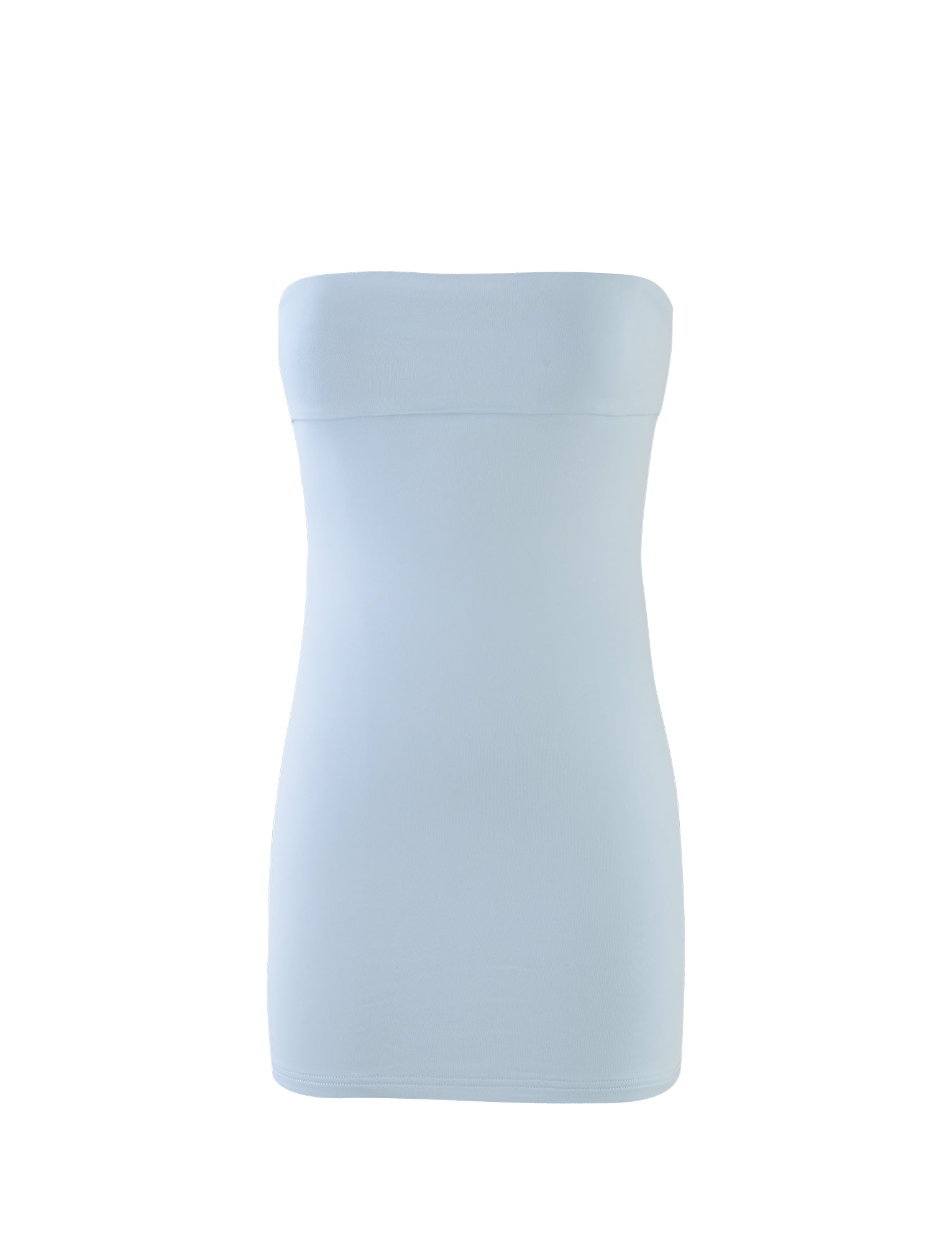 Image of the Darielle Mini Dress in Dusty Blue by Tigermist. This strapless tube dress features a simple, sleek design that fits tightly to the body with a straight neckline and a mini-length cut. The smooth, stretchy fabric provides a form-fitting silhouette.