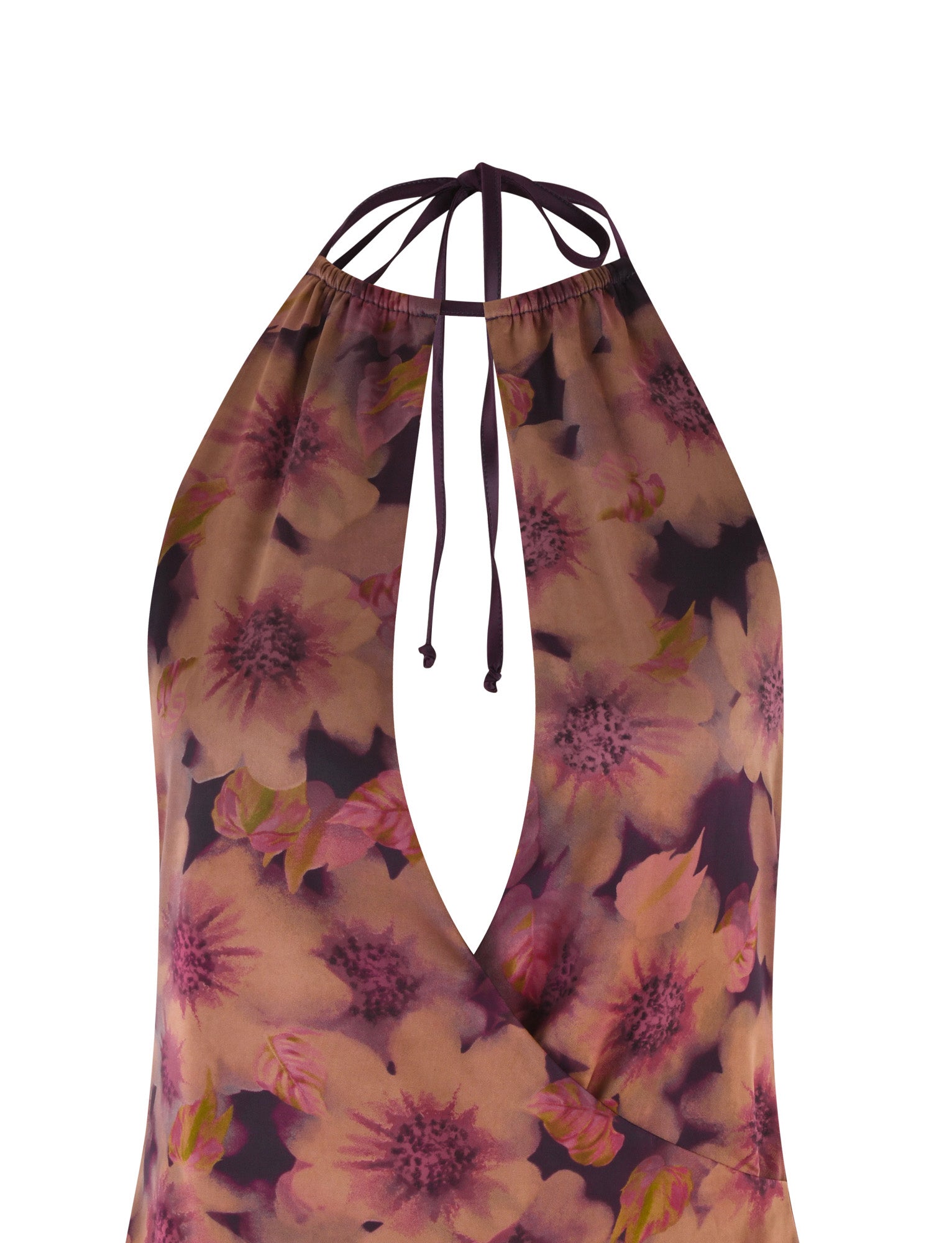 The TIGERMIST MONROE DRESS - PURPLE : FLORAL features a sleeveless, halter-top design with a keyhole neckline and adjustable tie. Its fabric is adorned with a watercolor print of large pink and purple flowers set against a dark background.