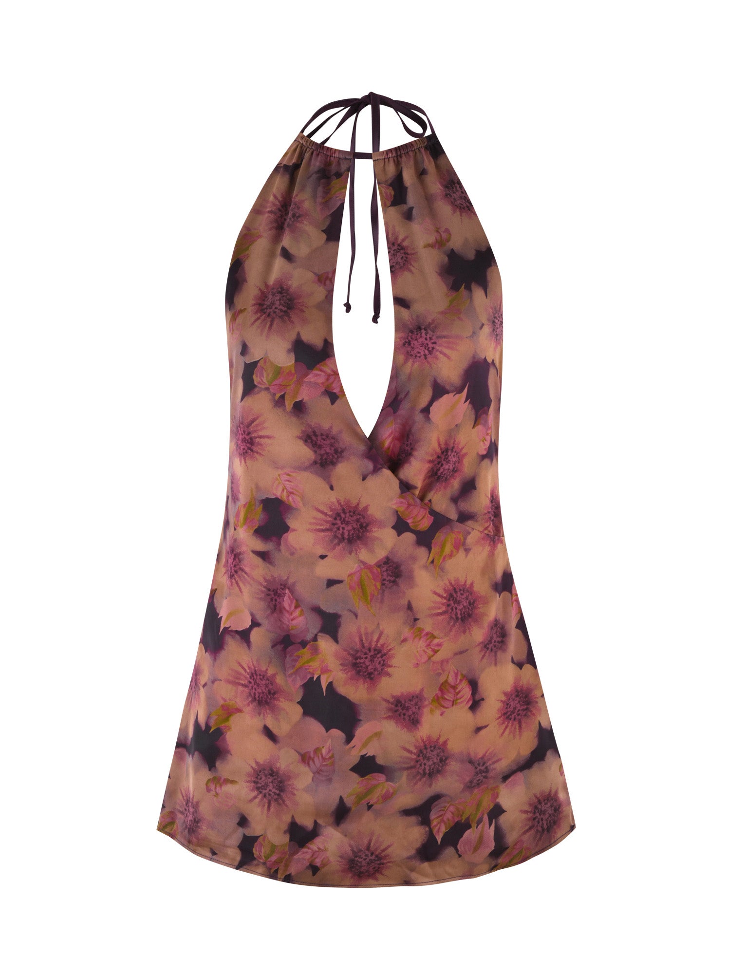 Discover the elegant MONROE DRESS by TIGERMIST, featuring a floral halter-neck design with a striking watercolor print. Large pink and purple flowers adorn the brown backdrop, while a deep V-neckline is elegantly accented by a delicate neck tie.