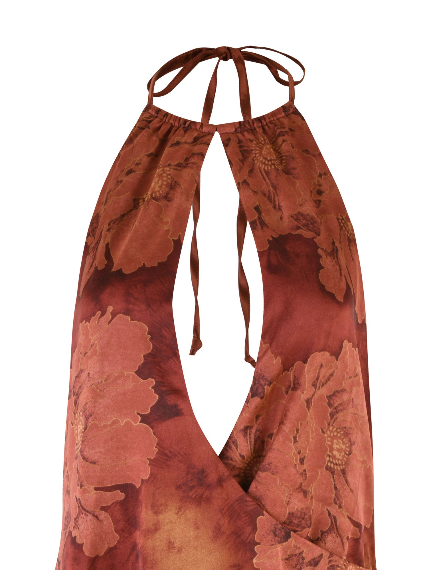 A close-up image of the TIGERMIST MONROE DRESS - RED : FLORAL : WATER COLOUR, showcasing its rich reddish-brown hue adorned with large, abstract floral patterns. This halter neck mini dress features a keyhole cut-out at the front and is tied at the neck with thin straps.