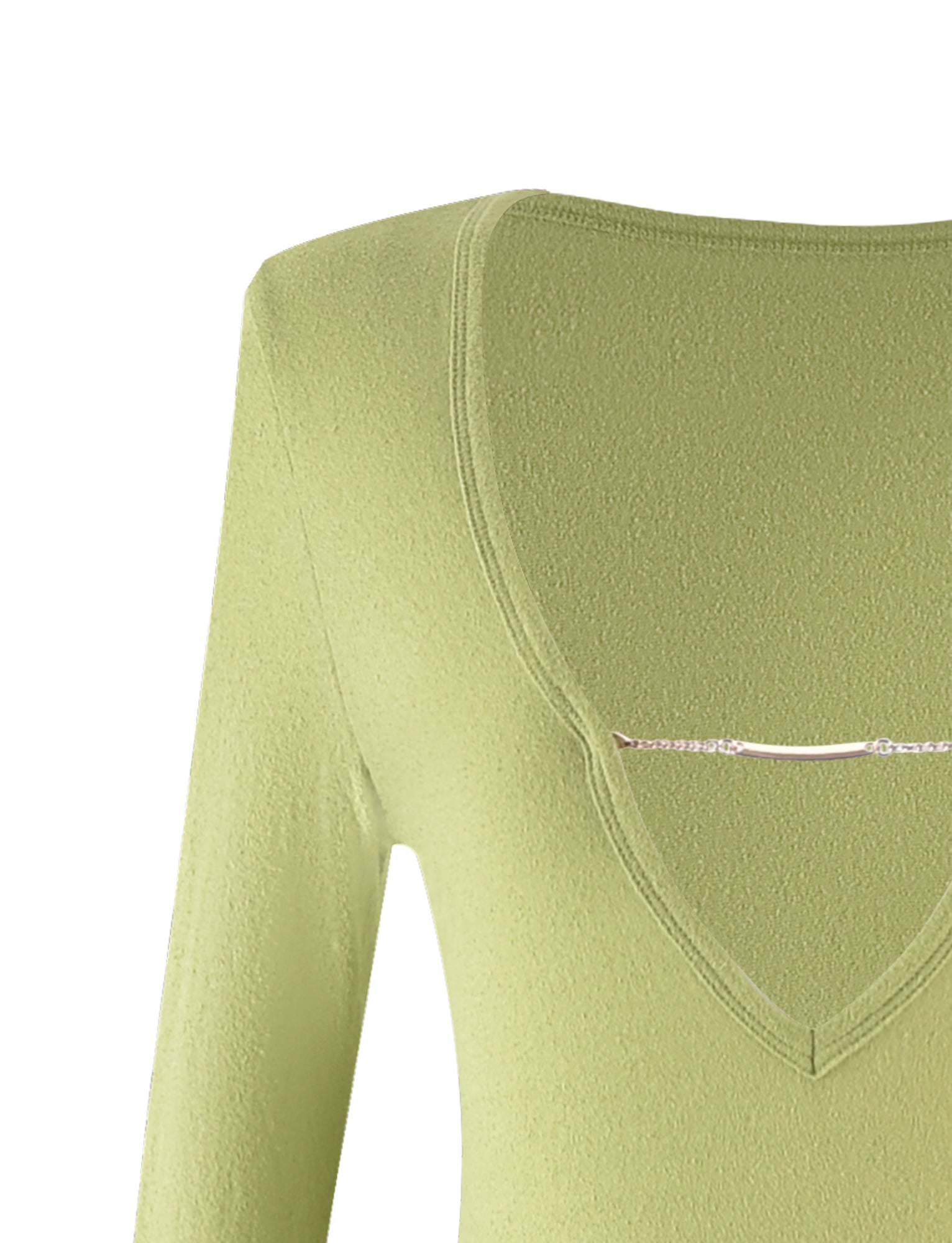 A close-up view of the TIGERMIST ROMIE DRESS in Matcha Green, featuring a deep V-neckline adorned with a delicate silver chain detail across the chest. The long-sleeved fabric appears soft and smooth.