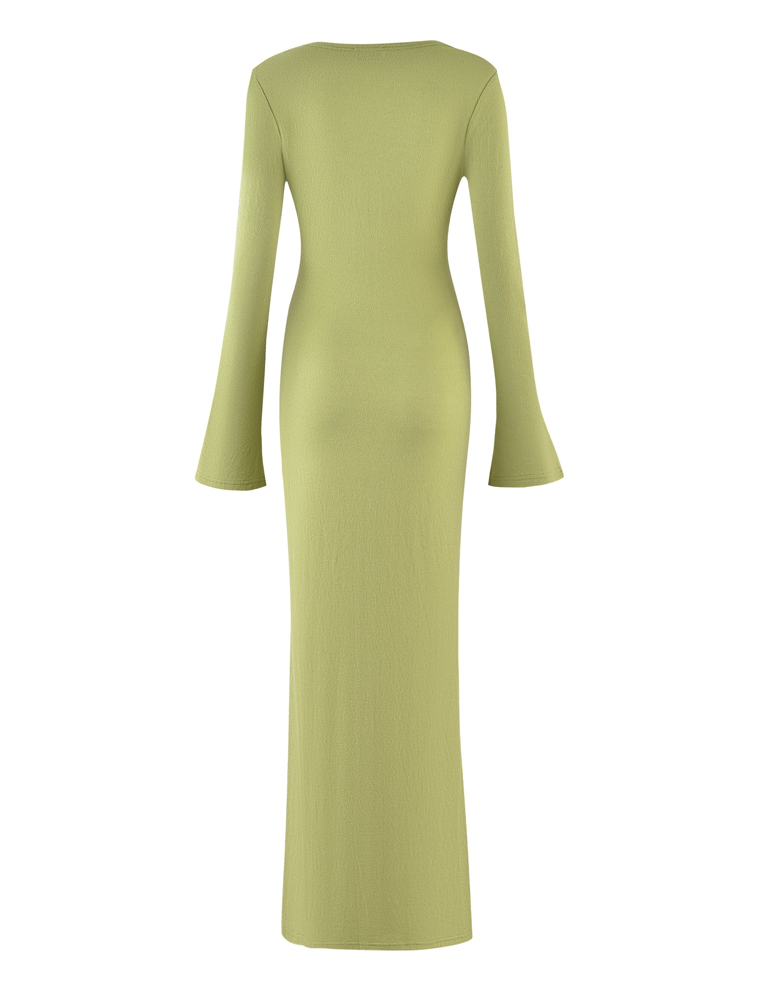 The ROMIE DRESS - GREEN : MATCHA GREEN by TIGERMIST is a full-length, long-sleeved dress in light olive green viewed from the back. This form-fitting dress features a crew neck and flared cuffs, with subtly textured fabric that extends down to the ankles.