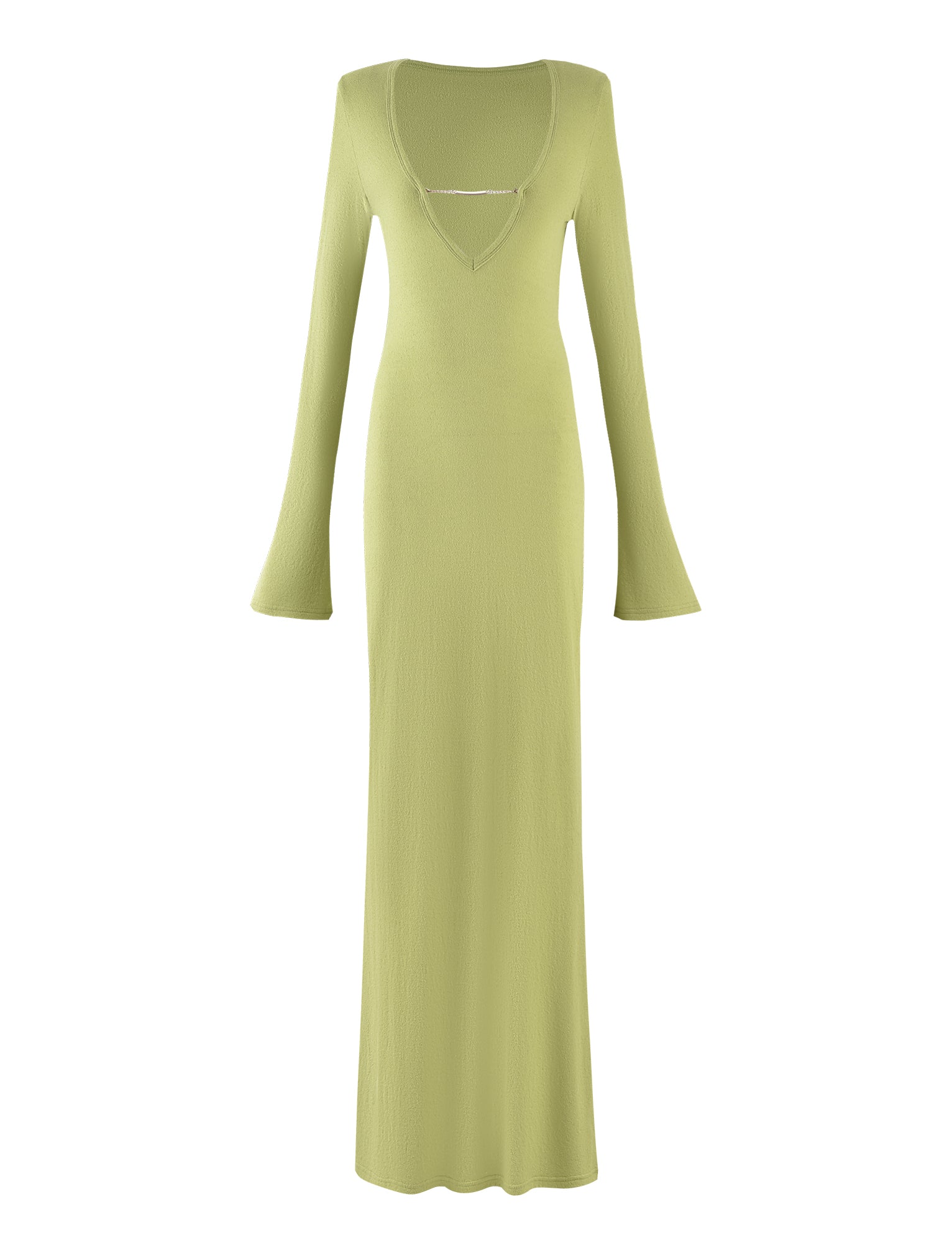 The ROMIE DRESS - GREEN : MATCHA GREEN from Tigermist is a long, light green dress featuring flared sleeves and a V-neckline adorned with a small, delicate chain detail across the chest. This dress showcases a slim, floor-length silhouette and embodies a simple yet elegant design.