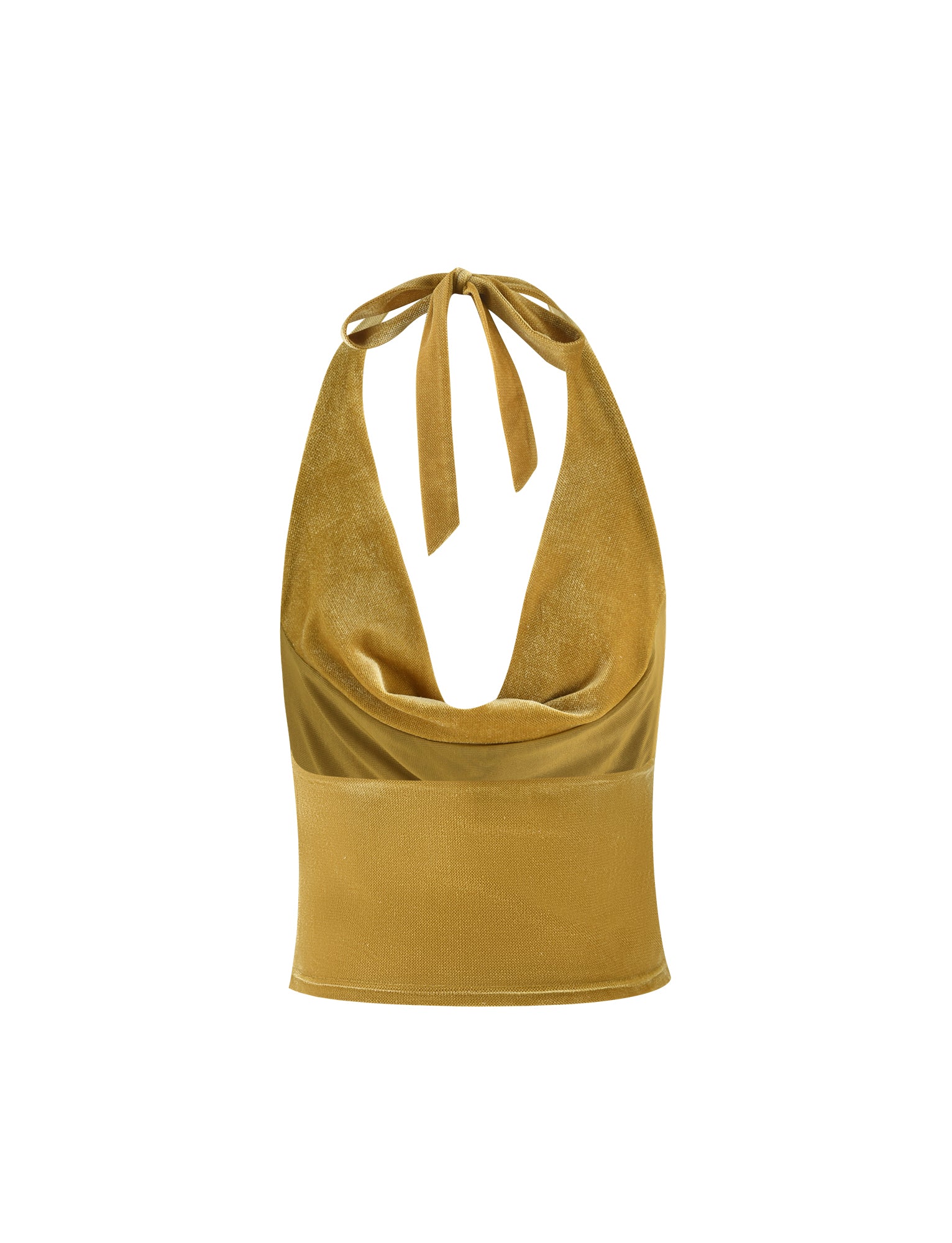 The HARLOWE TOP - GOLD from TIGERMIST is a stunning golden yellow halter top featuring a deep V-neckline and a tie at the neck. The soft, slightly shimmery fabric gives it a luxurious look, while the fitted waist accentuates its figure-flattering design.