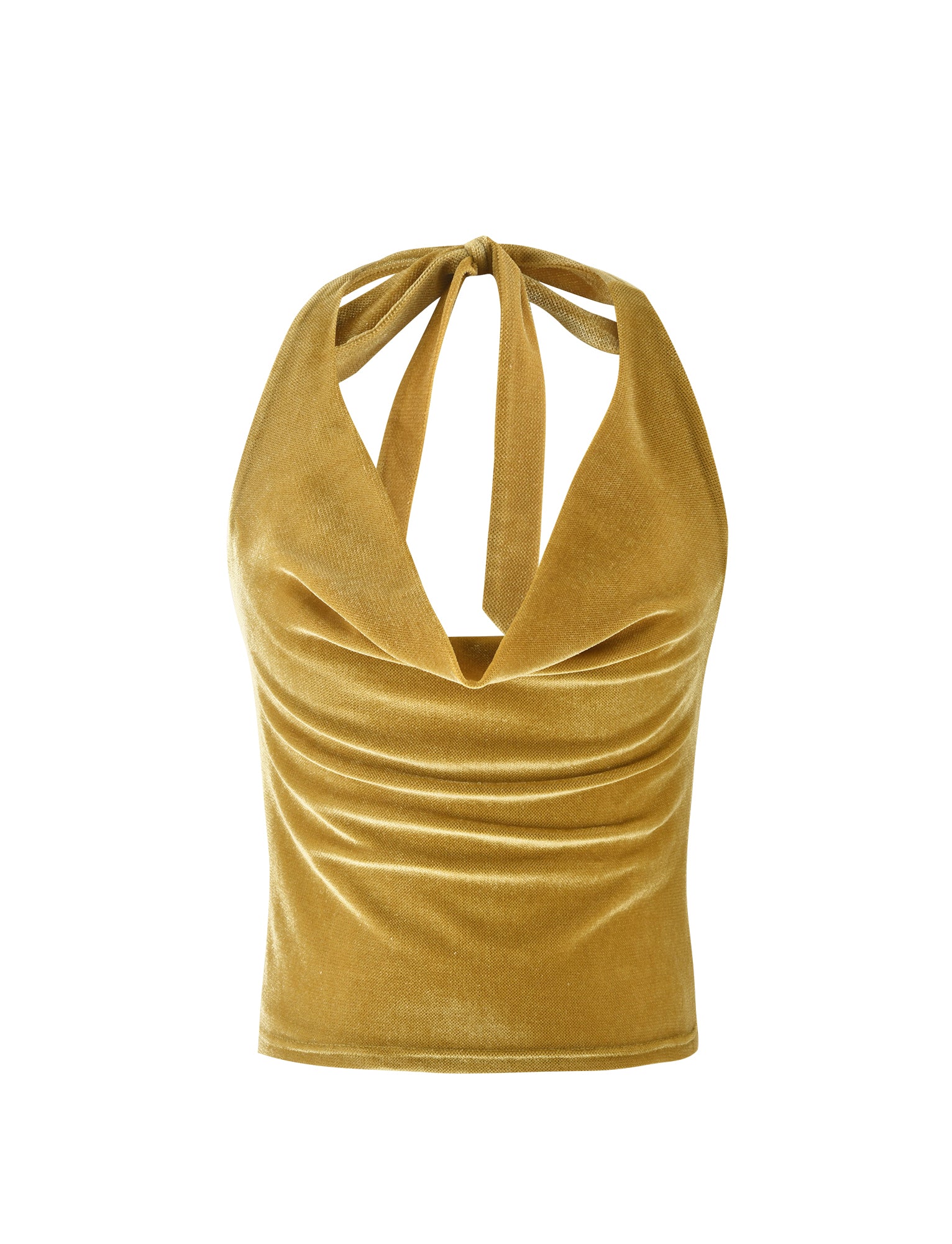 The HARLOWE TOP - GOLD by TIGERMIST is a halter-neck top crafted from golden velvet fabric. It boasts a plunging neckline with draped fabric and an open back, fastened by delicate straps that tie at the back of the neck. The material offers a soft, shimmering texture.