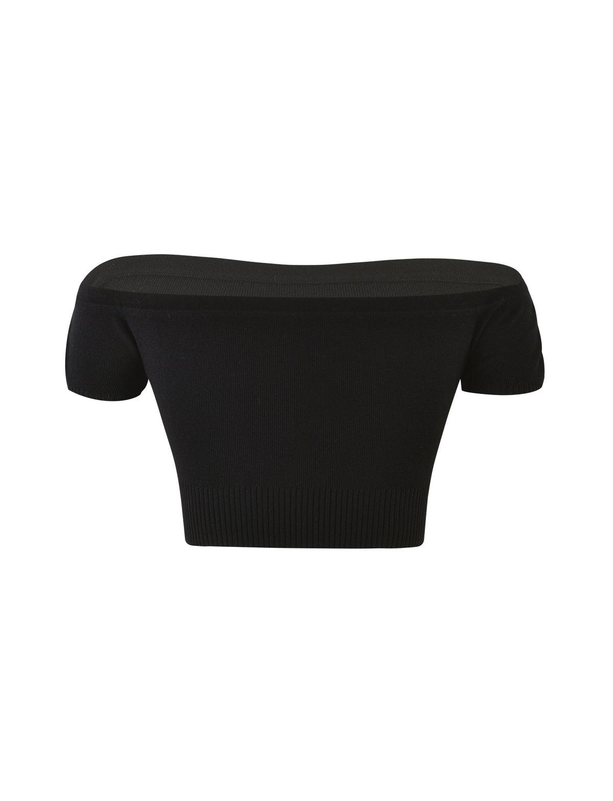 The TIGERMIST LEDGER TOP - BLACK is an off-the-shoulder crop top featuring short sleeves and a fitted silhouette. The fabric appears to be ribbed, with a wide, straight neckline that extends gracefully across the shoulders.