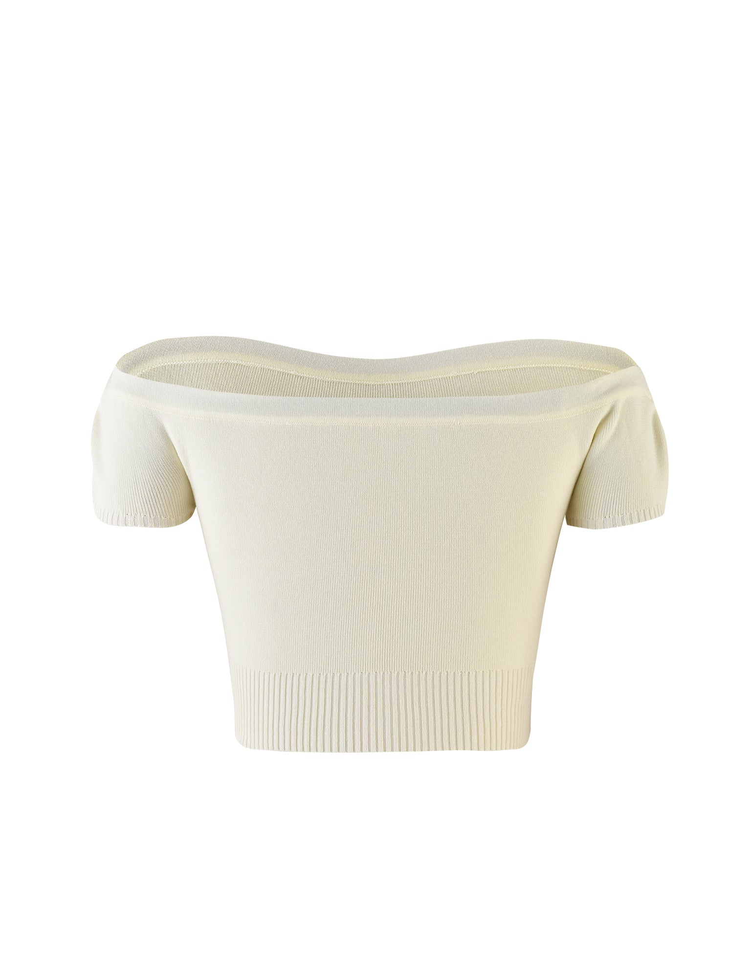The LEDGER TOP from TIGERMIST is a cream-colored, off-the-shoulder knitted top with short sleeves. Made from ribbed fabric that extends to the hem, it offers a fitted look.