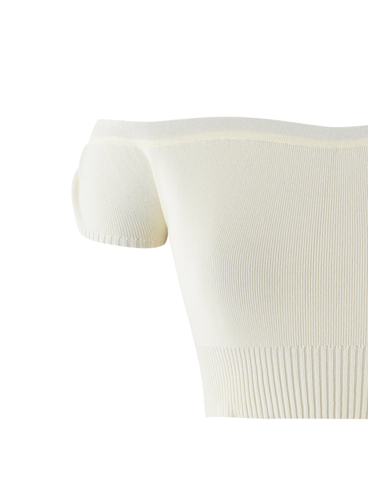 A close-up of the LEDGER TOP - WHITE : CREAM, an off-the-shoulder, short-sleeve knit top from TIGERMIST. The fabric features a ribbed texture at the waistline and appears soft and slightly elastic. The image focuses on the upper left side of the top, highlighting its smooth, seamless design.