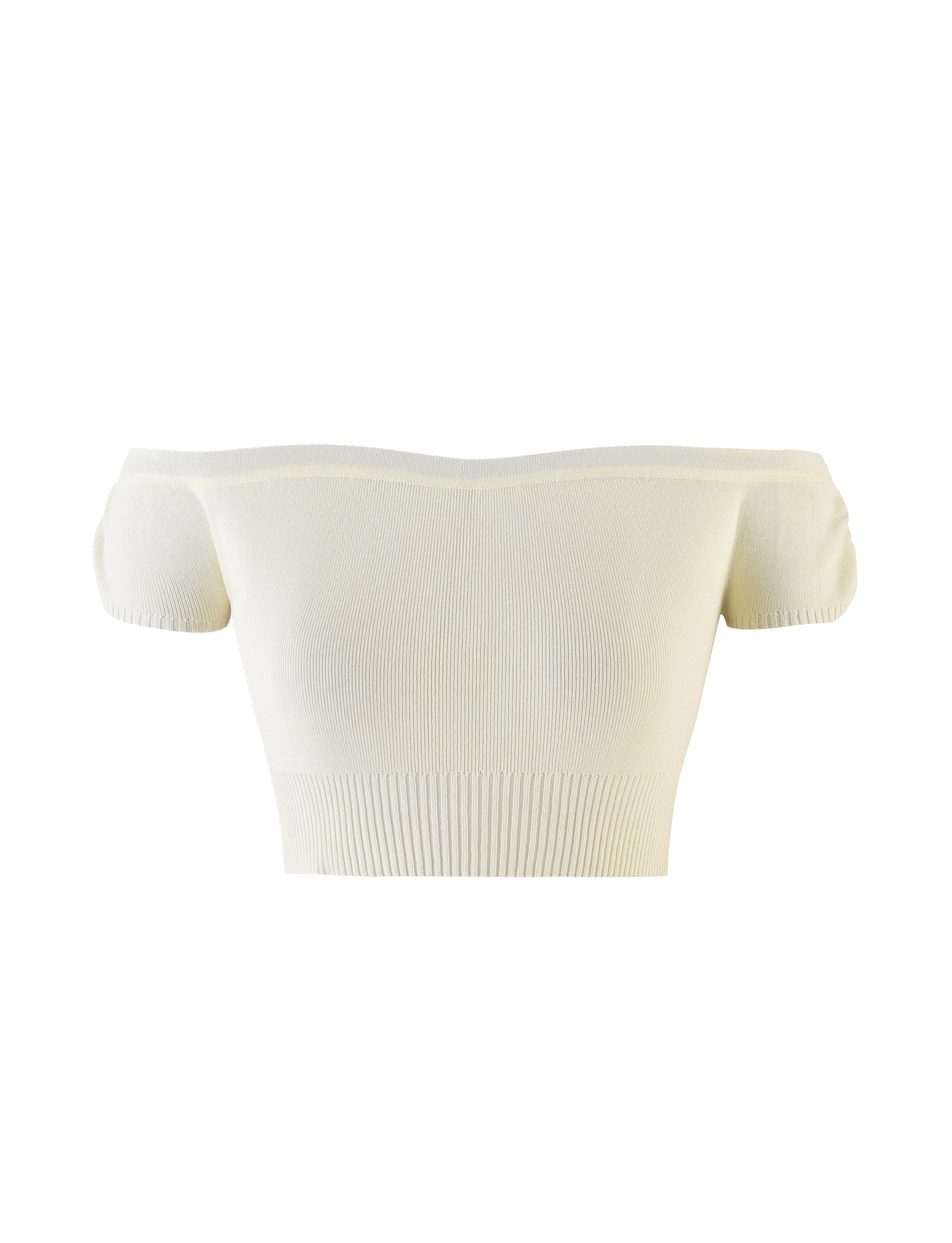 The TIGERMIST LEDGER TOP in white and cream is an off-the-shoulder crop top featuring a ribbed fabric and fitted design. With stretchy hems at the bottom and sleeves, it offers a snug fit, making the overall style simple yet elegant.