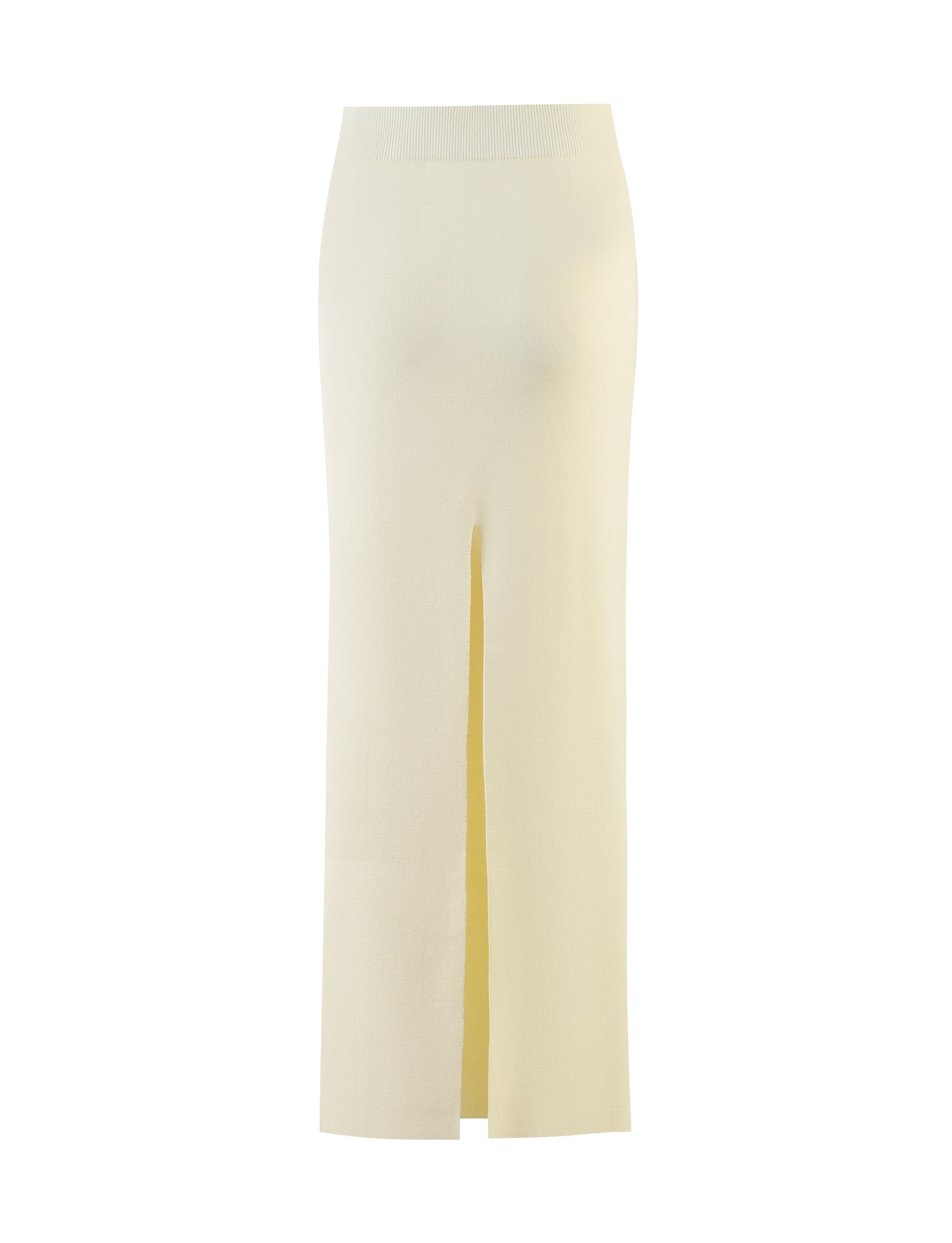 A cream-colored, high-waisted LEDGER SKIRT from TIGERMIST, featuring a front center slit and extending below the knee, photographed against a plain white background.