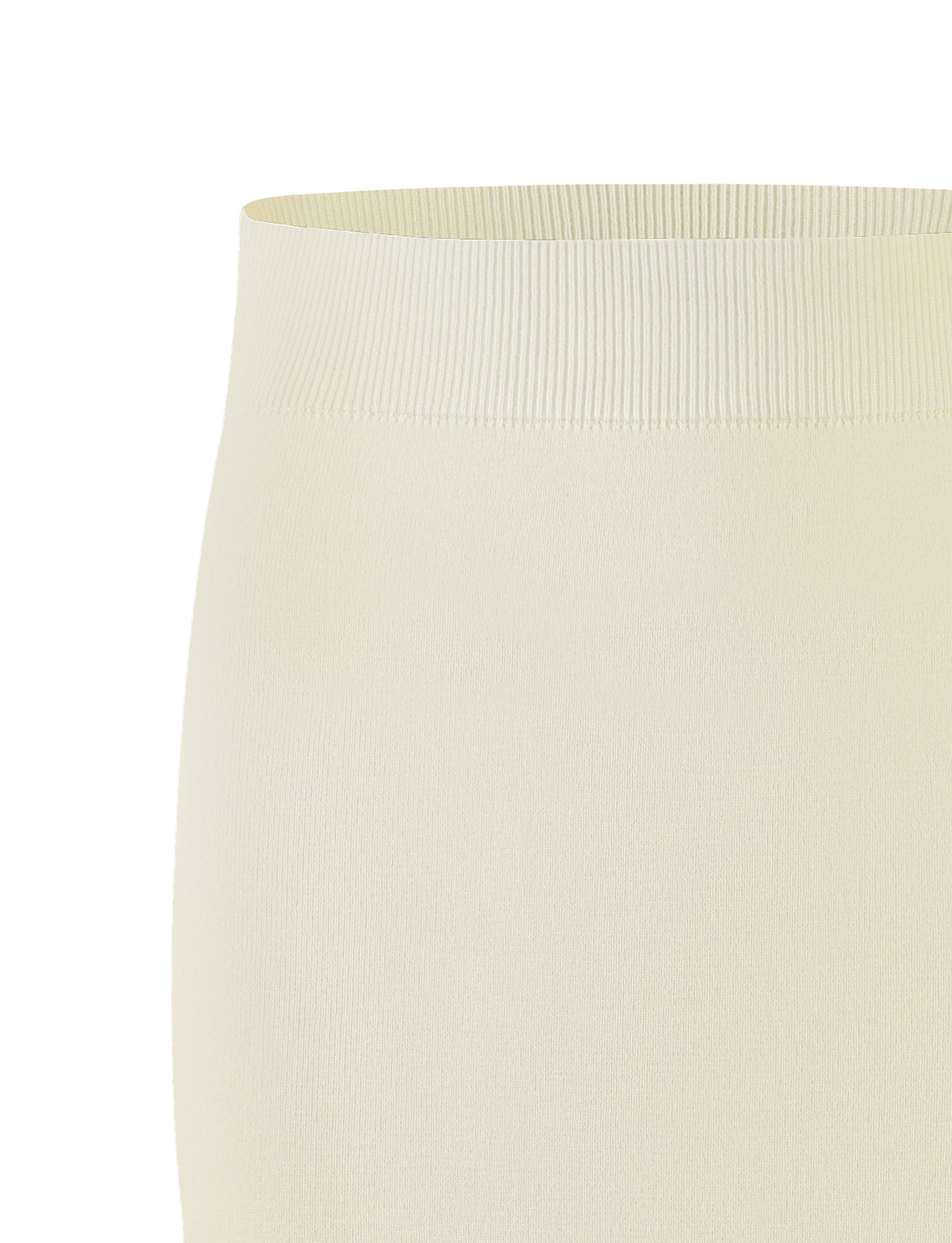 A close-up view of the LEDGER SKIRT - WHITE : CREAM from TIGERMIST showcases a light cream-colored, ribbed, high-waisted elastic waistband. The texture and stretchiness of the fabric are clearly visible, emphasizing the snug fit and smooth surface.