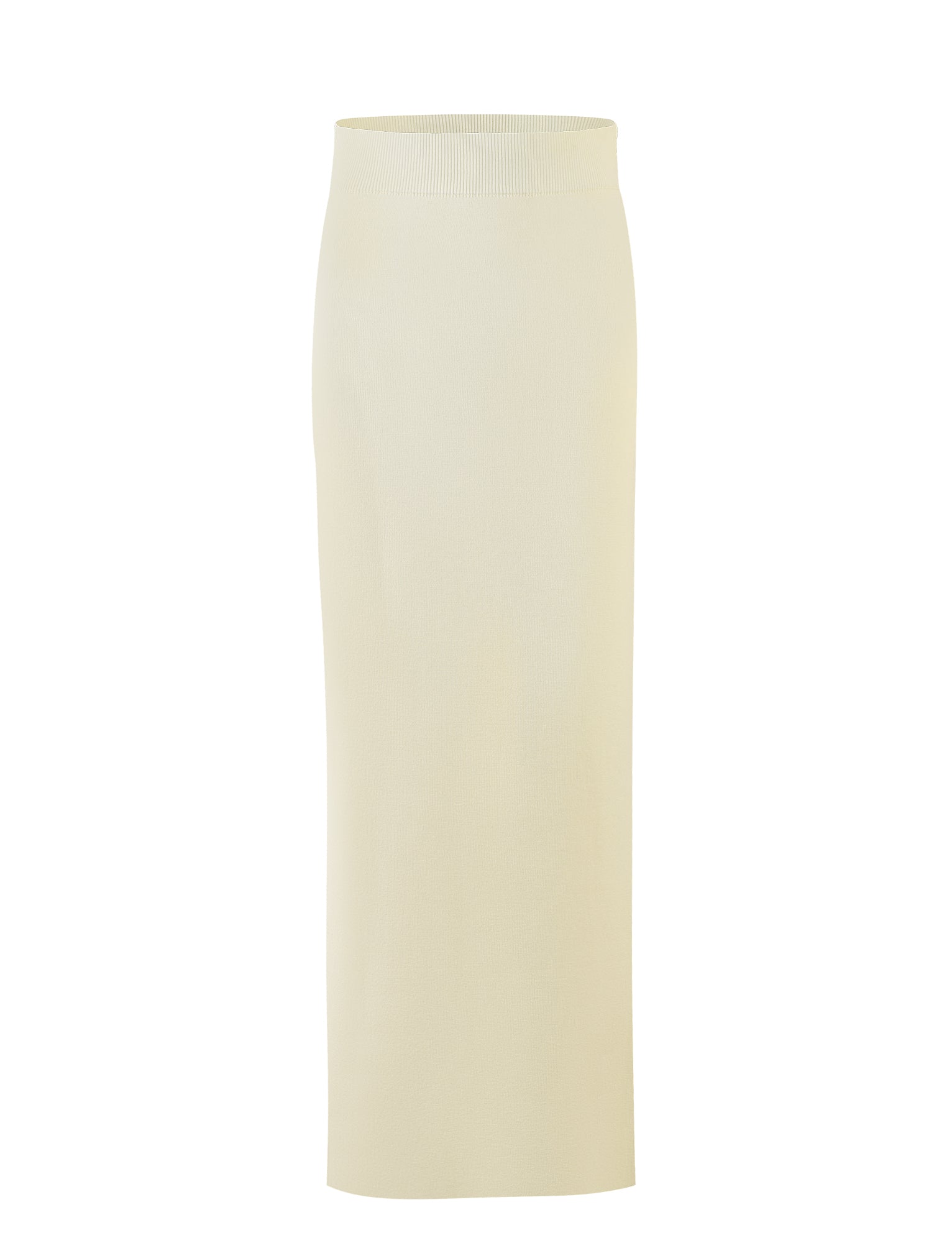 The TIGERMIST LEDGER SKIRT in white and cream is a high-waisted, knee-length pencil skirt made from a smooth, stretchy fabric. This piece features a clean and simple design with no visible zippers, buttons, or embellishments.