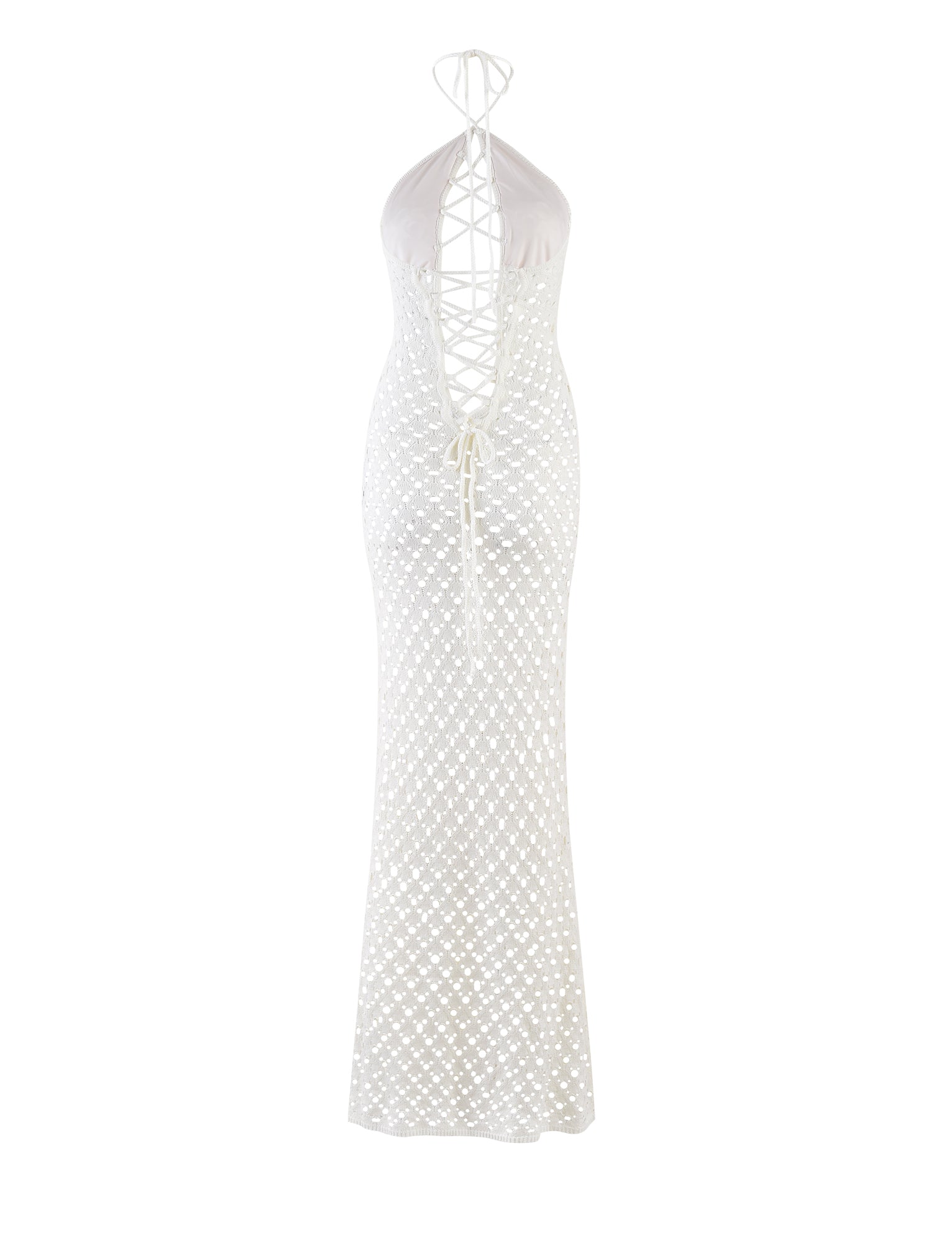 The CIARAN DRESS - WHITE by TIGERMIST is showcased as a floor-length halter dress featuring a deep V-neck with crisscross laces. This stunning piece boasts an intricate diamond mesh pattern and has a fitted silhouette that flares slightly at the bottom.