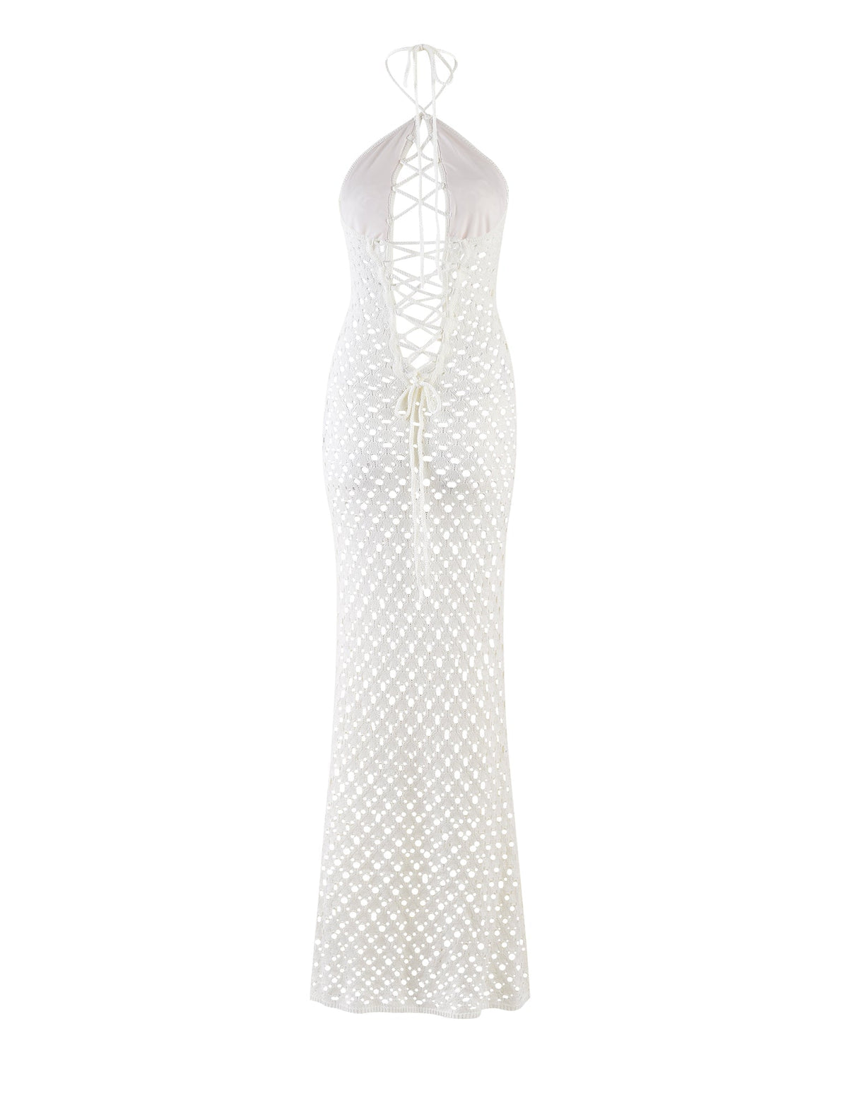 The CIARAN DRESS - WHITE by TIGERMIST is showcased as a floor-length halter dress featuring a deep V-neck with crisscross laces. This stunning piece boasts an intricate diamond mesh pattern and has a fitted silhouette that flares slightly at the bottom.