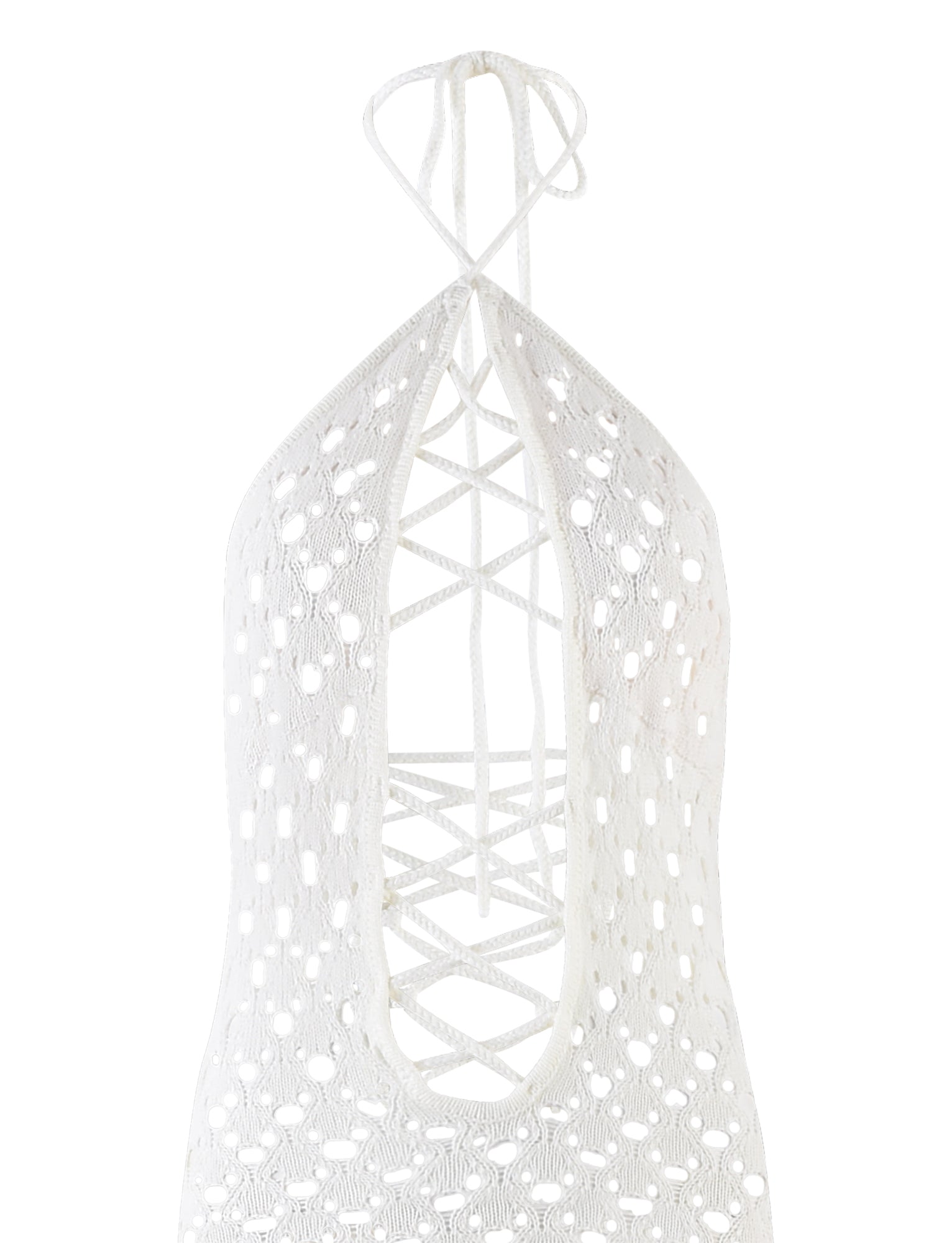 The CIARAN DRESS - WHITE from TIGERMIST is a beautiful white crochet halter dress featuring an intricate lace-up design down the front. This dress boasts a deep V-neckline and eyelet pattern, with ties that form a crisscross at the center.