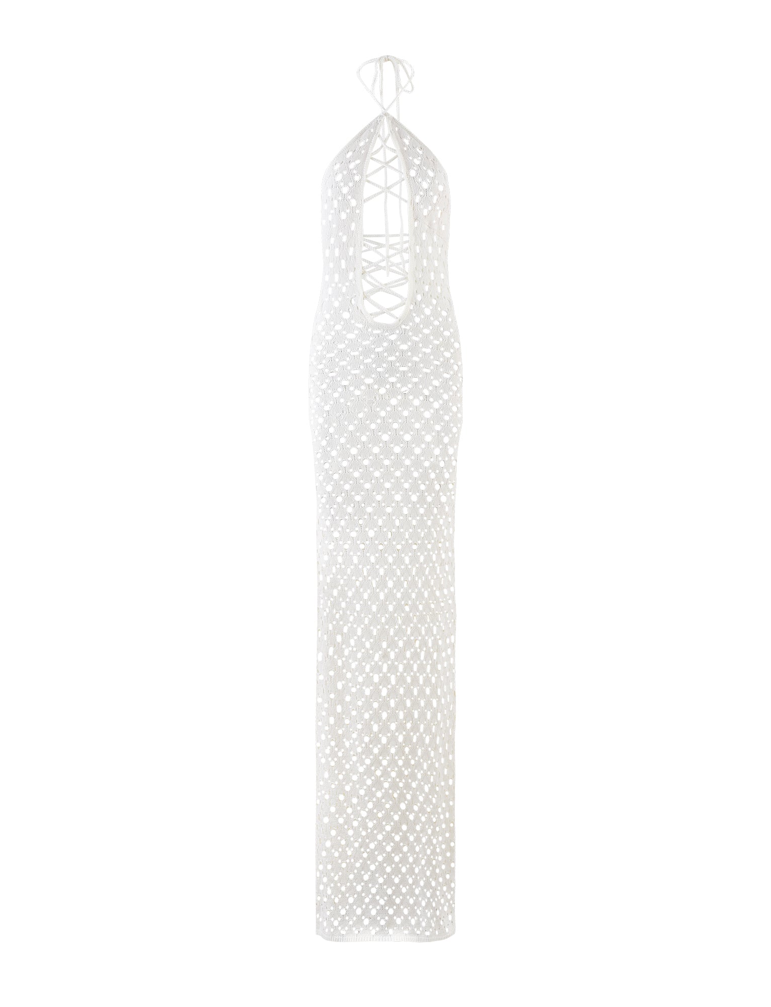 The CIARAN DRESS - WHITE by TIGERMIST is a long crochet halter dress with an open crisscross lattice pattern design at the front. It ties at the neck and features a form-fitting silhouette that extends to the floor.