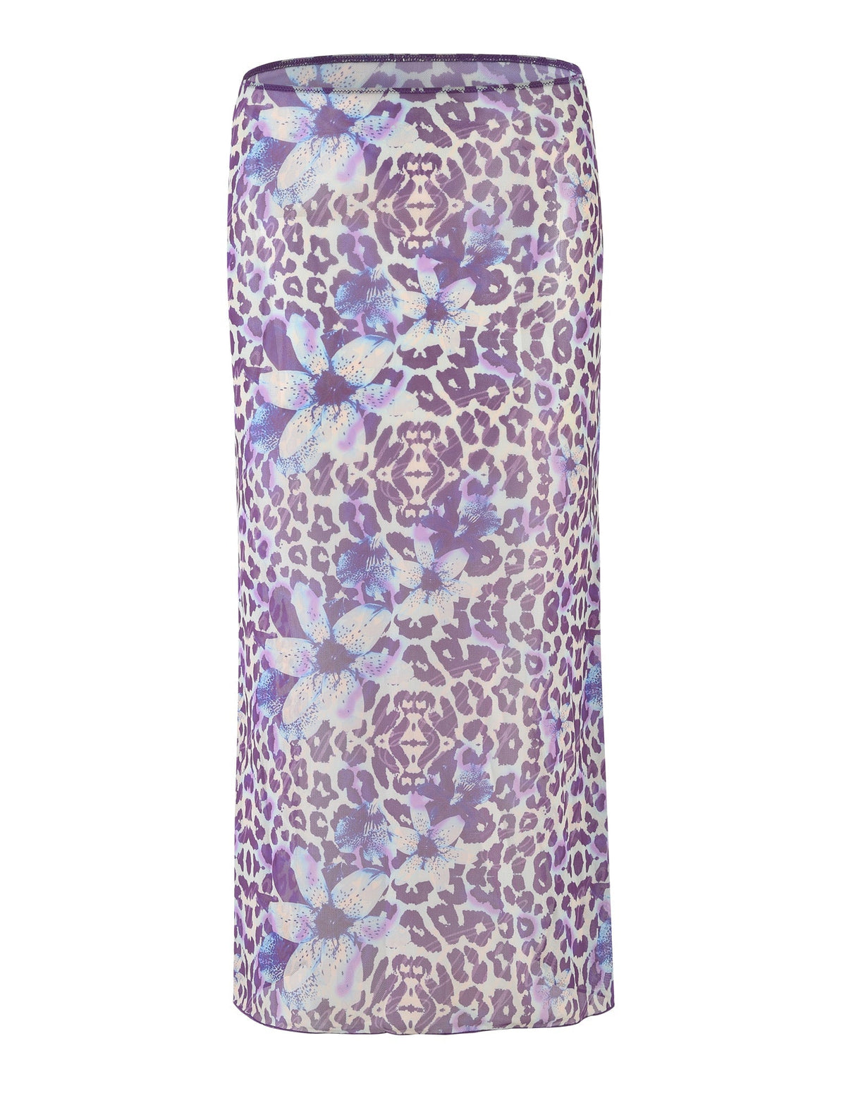The KELLAN SKIRT - PURPLE : BY POPPY LEOPARD from TIGERMIST features a purple and blue floral pattern combined with a leopard print. The lightweight fabric showcases vibrant flowers over a subtle animal print background, creating a unique and stylish look.