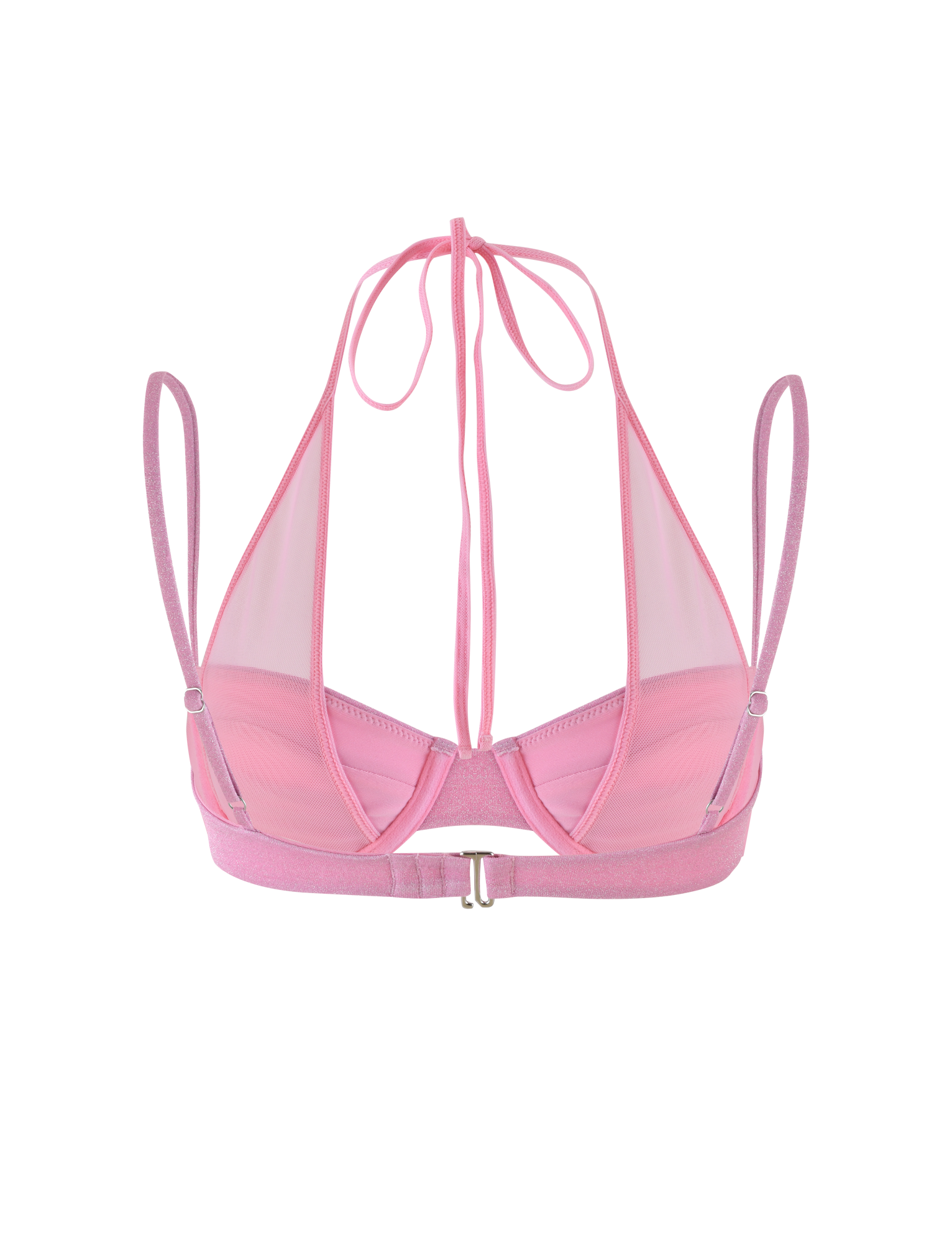 The ELLISON BIKINI TOP - PINK by TIGERMIST features sheer mesh fabric, a halter neck with ties, adjustable spaghetti straps, a hook-and-eye back closure, and minimal coverage, inspired by classic bikini styles.