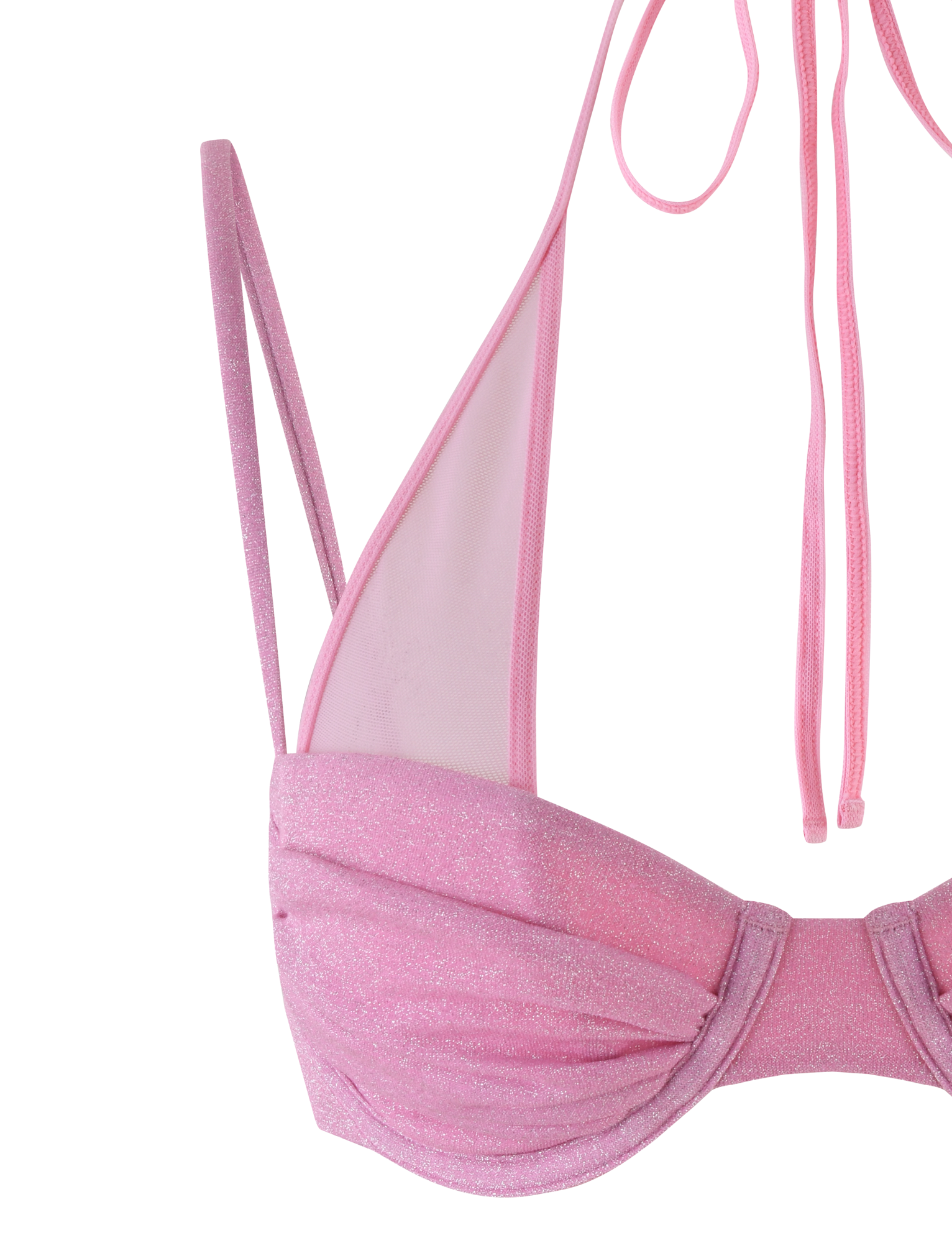 The TIGERMIST ELLISON BIKINI TOP in Baby Pink features a sparkly lurex finish, halter neck ties, and sheer mesh side panels.
