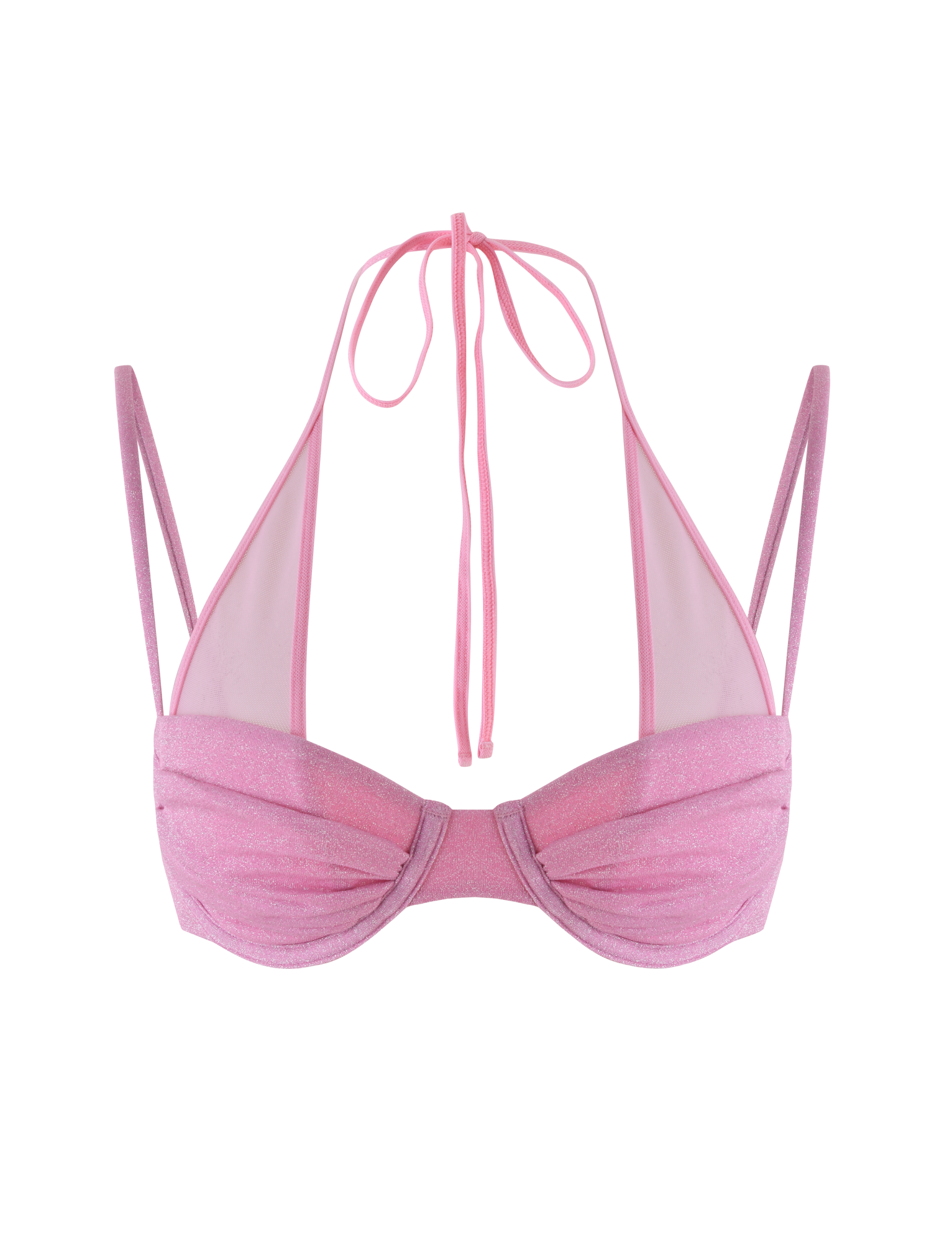 The ELLISON BIKINI TOP - PINK by TIGERMIST features shimmer-infused lurex in baby pink, with a halter neck tie and adjustable spaghetti straps, shown on a plain background.