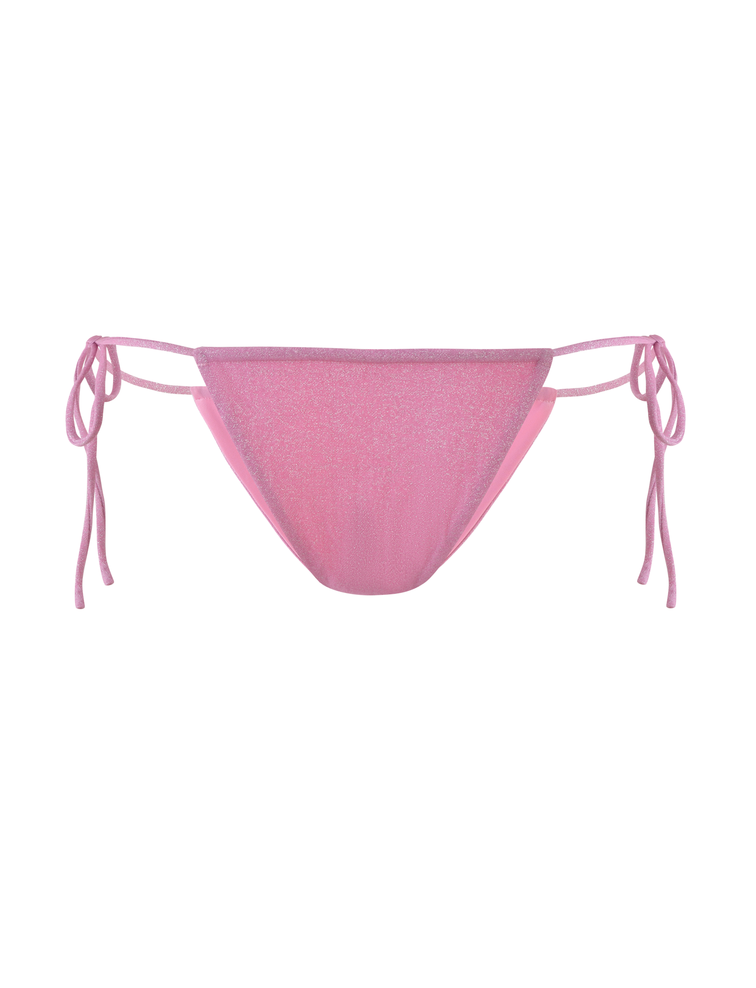 The TIGERMIST ELLISON BIKINI BOTTOM in baby pink features a shimmer sparkle lurex fabric, cheeky cut, and side tie strings, shown against a plain background.