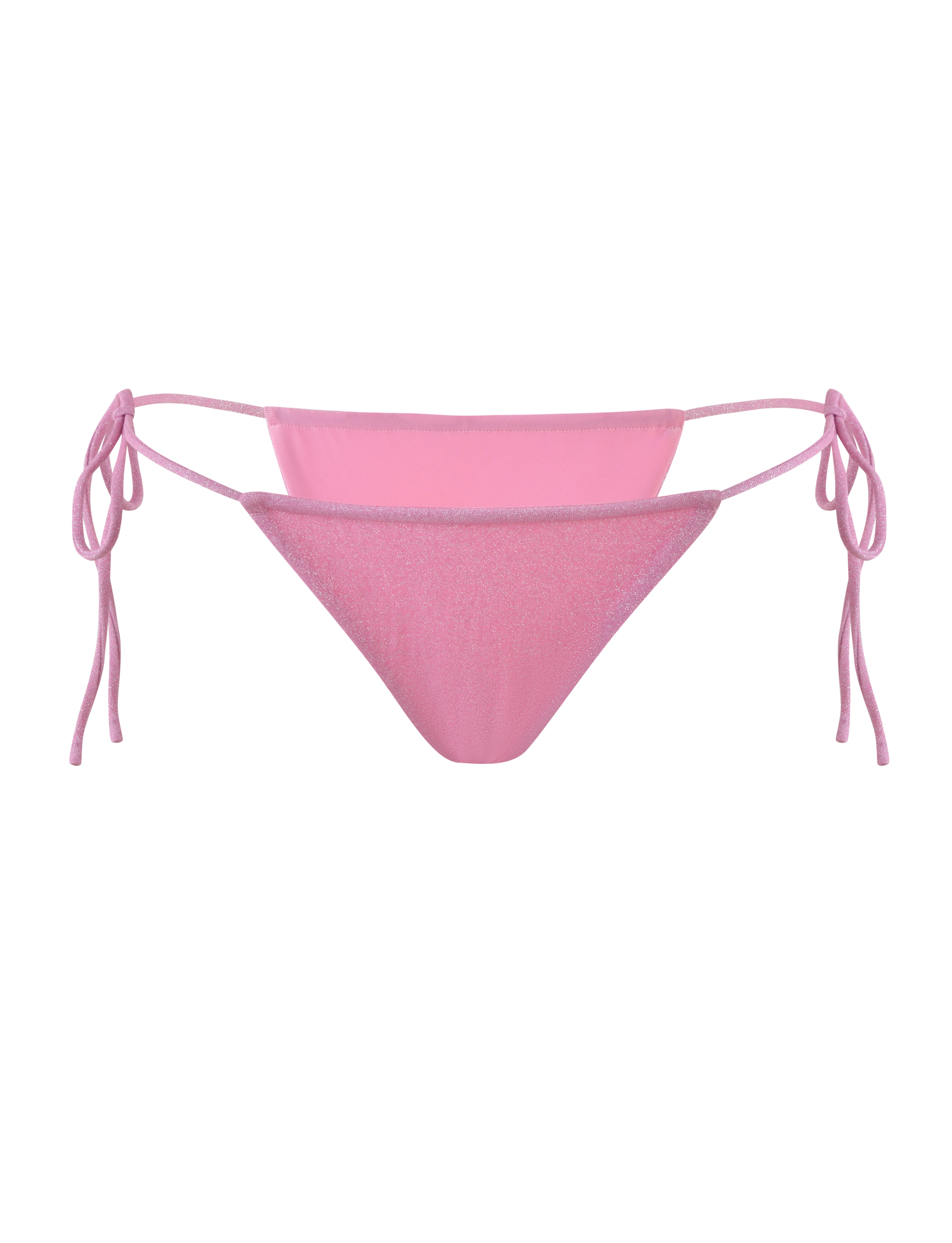 The TIGERMIST ELLISON BIKINI BOTTOM in baby pink features luxe shimmer lurex fabric, adjustable side ties, and a cheeky cut, shown on a plain light pink background.