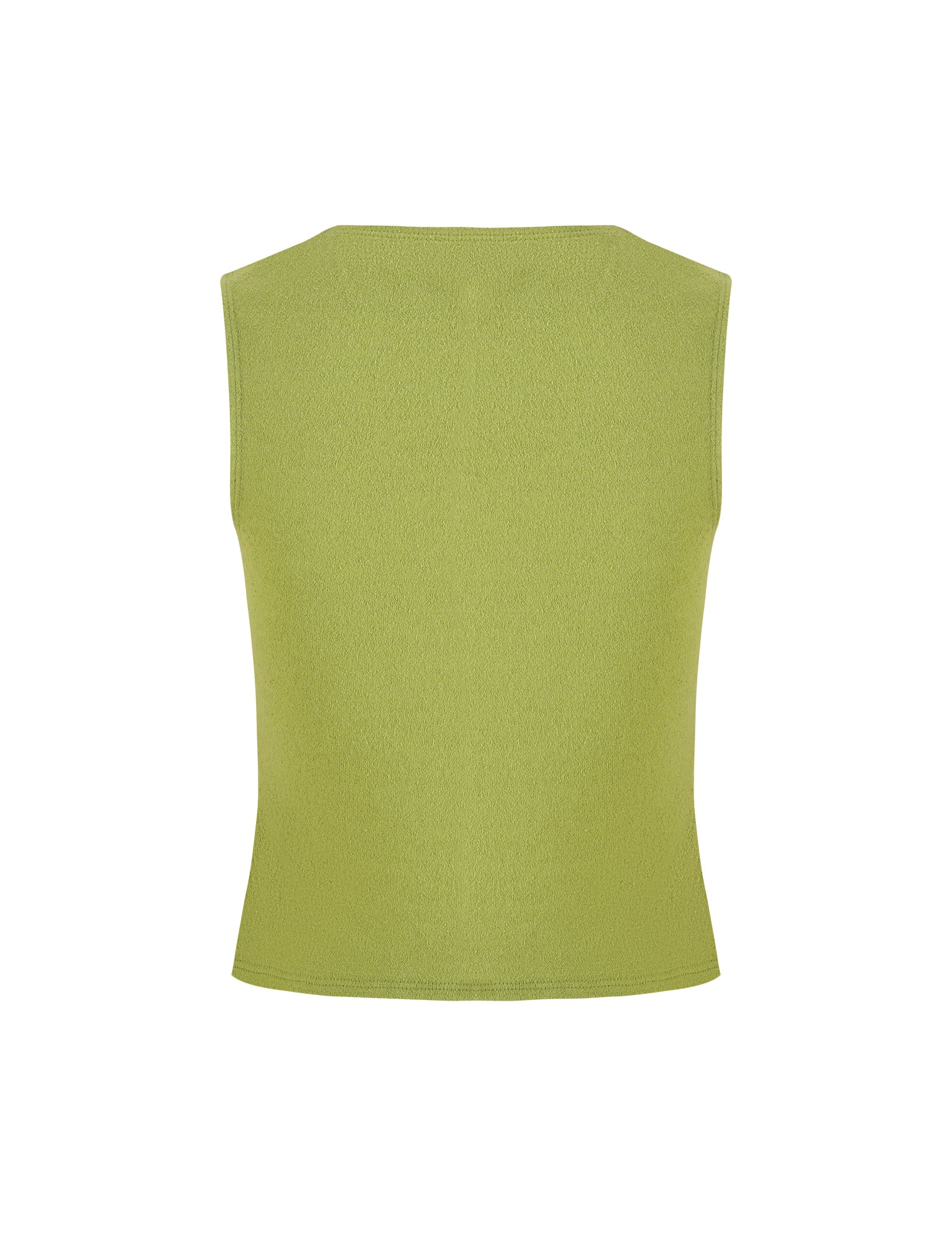 A sleeveless, lime green ribbed tank top with a round neckline from TIGERMIST. The OAKLEE TOP - GREEN : MATCHA GREEN is shown from the back, highlighting its simple design and texture.
