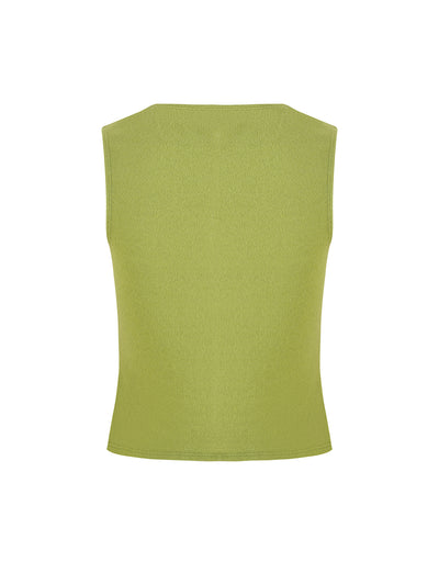 A sleeveless, lime green ribbed tank top with a round neckline from TIGERMIST. The OAKLEE TOP - GREEN : MATCHA GREEN is shown from the back, highlighting its simple design and texture.