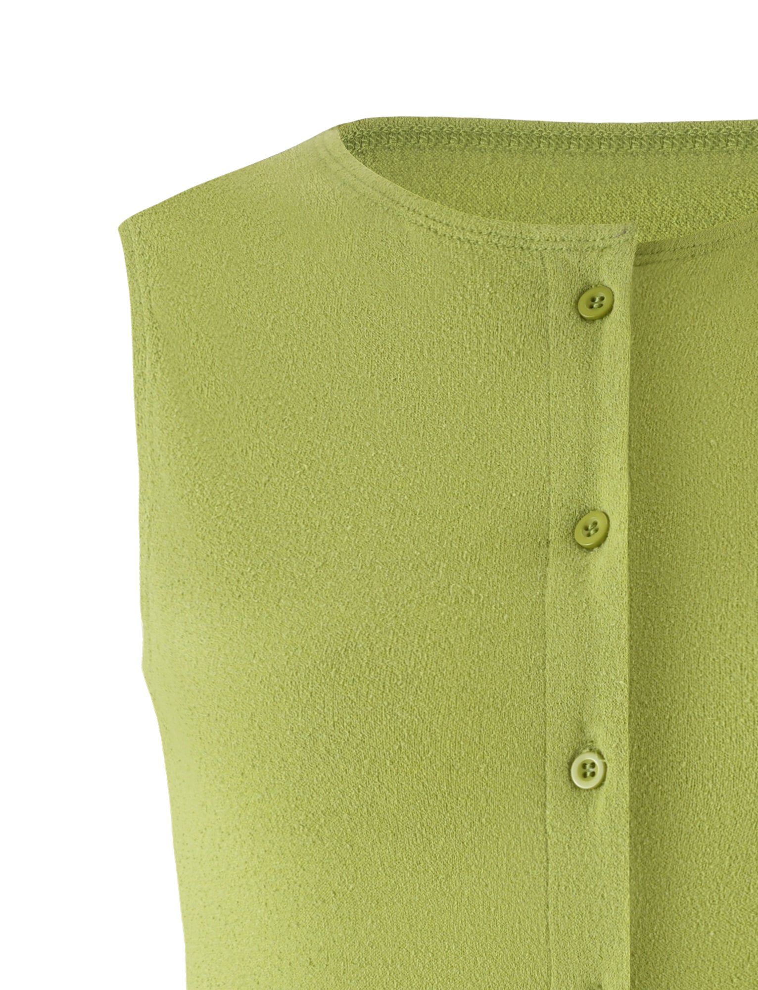Close-up of a sleeveless, matcha green Oaklee Top from TIGERMIST with a round neckline and four buttons running down the center. The fabric appears soft and slightly textured, with the button placket neatly stitched.
