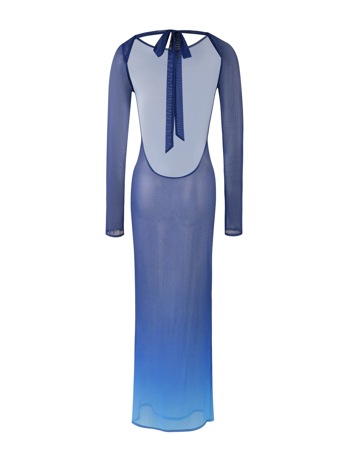 Introducing the MEILANI DRESS - BLUE : OMBRE from TIGERMIST, a long-sleeved sheer blue dress featuring an exquisite ombré gradient that fades to a lighter blue at the hem. This dress boasts a stunning backless design tied at the neck with a delicate ribbon, crafted from lightweight and semi-transparent material.